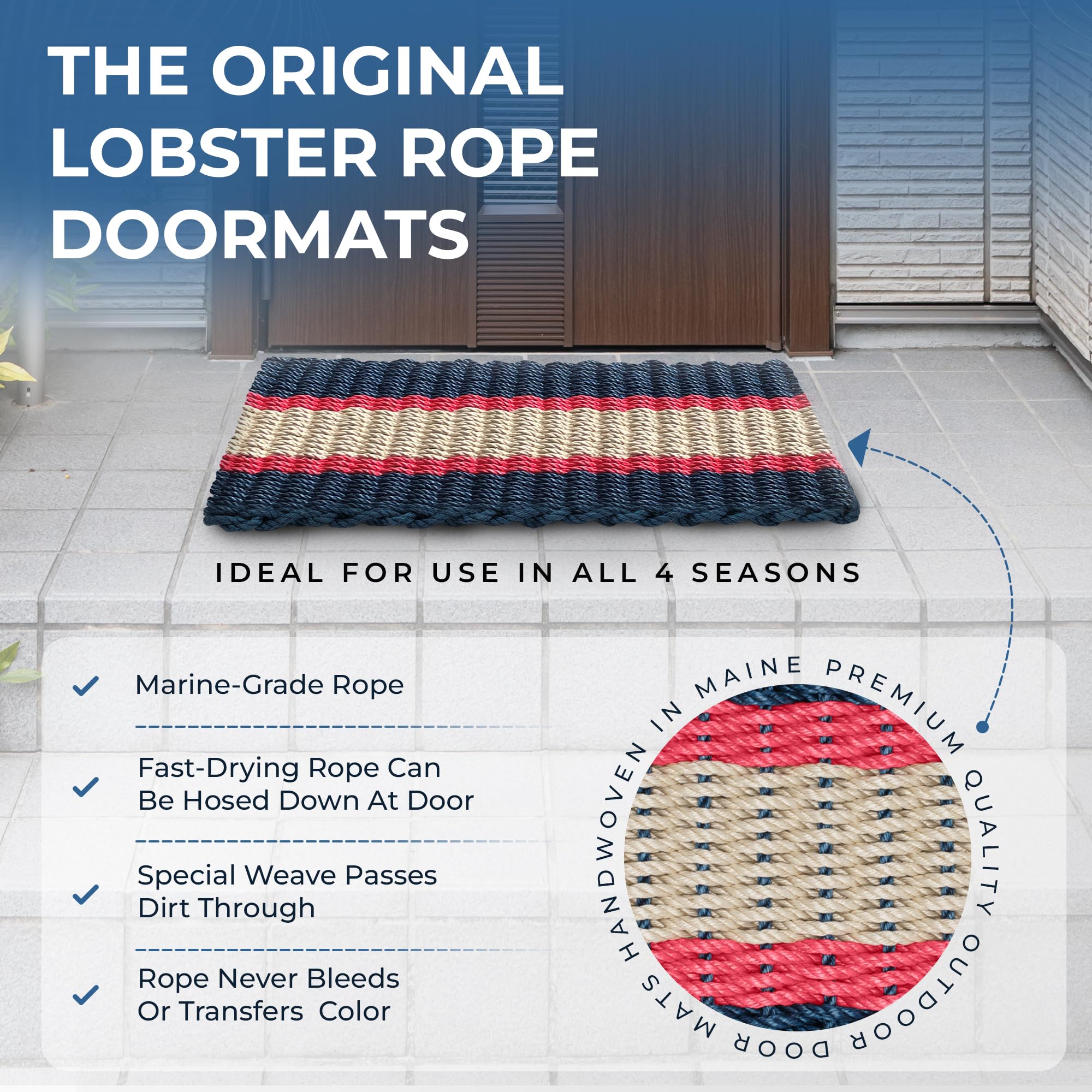 Premium All-Weather Outdoor Door Mat - Durable Woven Lobster Rope Doormat for Front Entryway (Navy/Red/Tan, 18