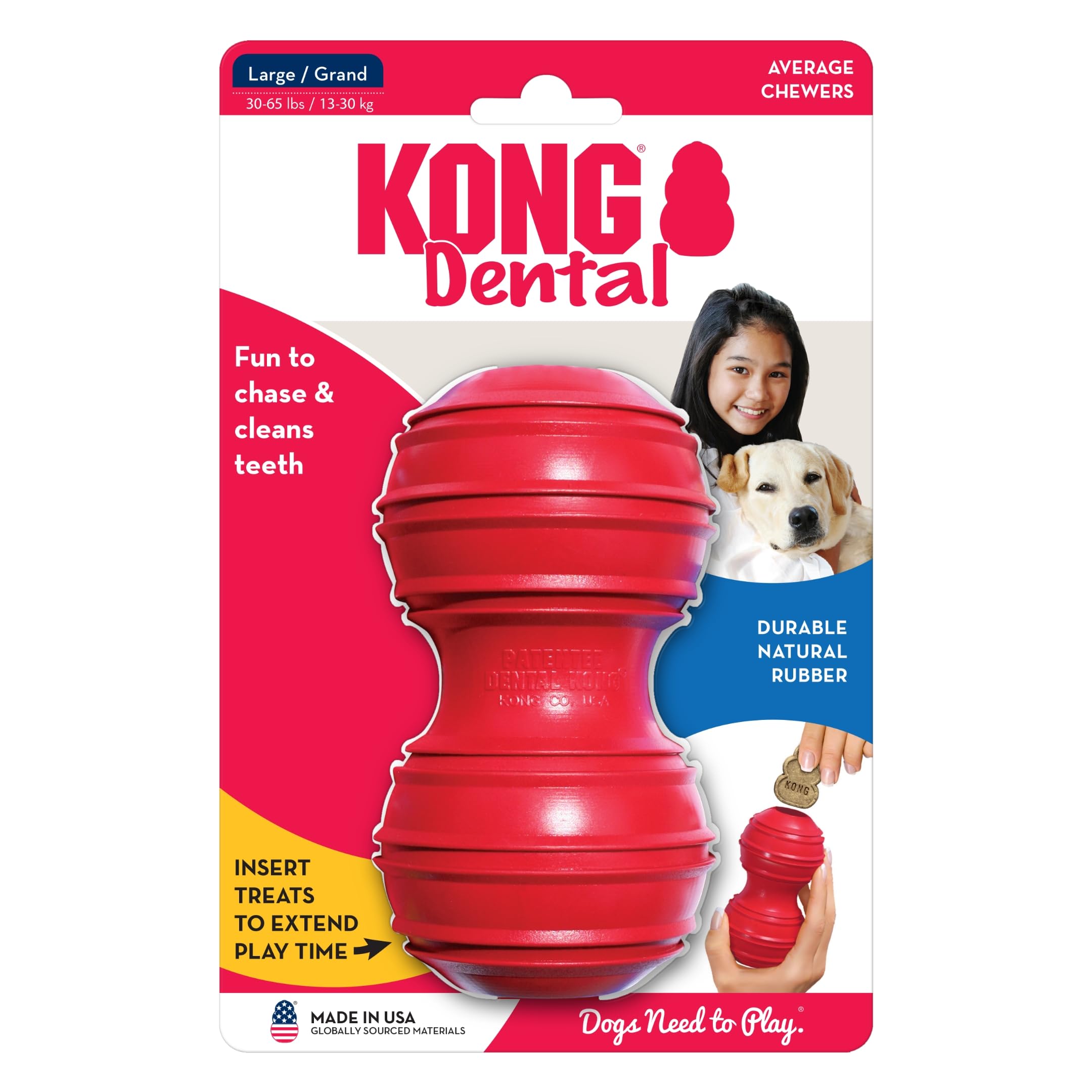 Durable KONG Dental Dog Chew Toy for Large Dogs - Natural Rubber Chew Toy for Dog Dental Care & Teeth Cleaning - Stuffable Interactive Dog Toy for Chewing & Instinct Satisfaction - Perfect for Playtime, Training & Anxiety Relief