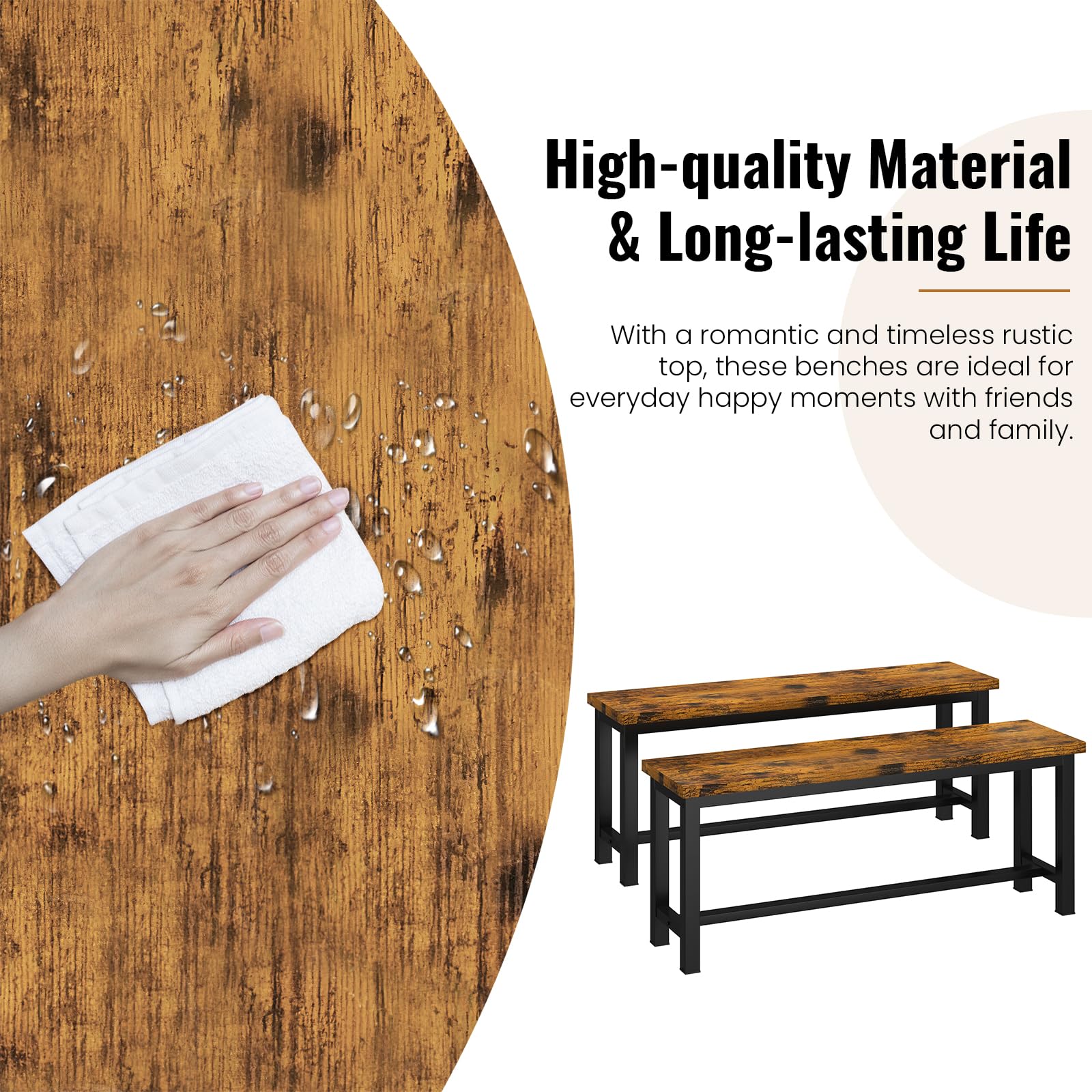 DKLGG 39 Inch Rustic Brown Dining Benches Set of 2 - Industrial Metal Leg Kitchen & Entryway Benches for Living Room, Bedroom, Dining Area - Durable & Stable Wooden Seating for Home Decor & Small Space Solutions