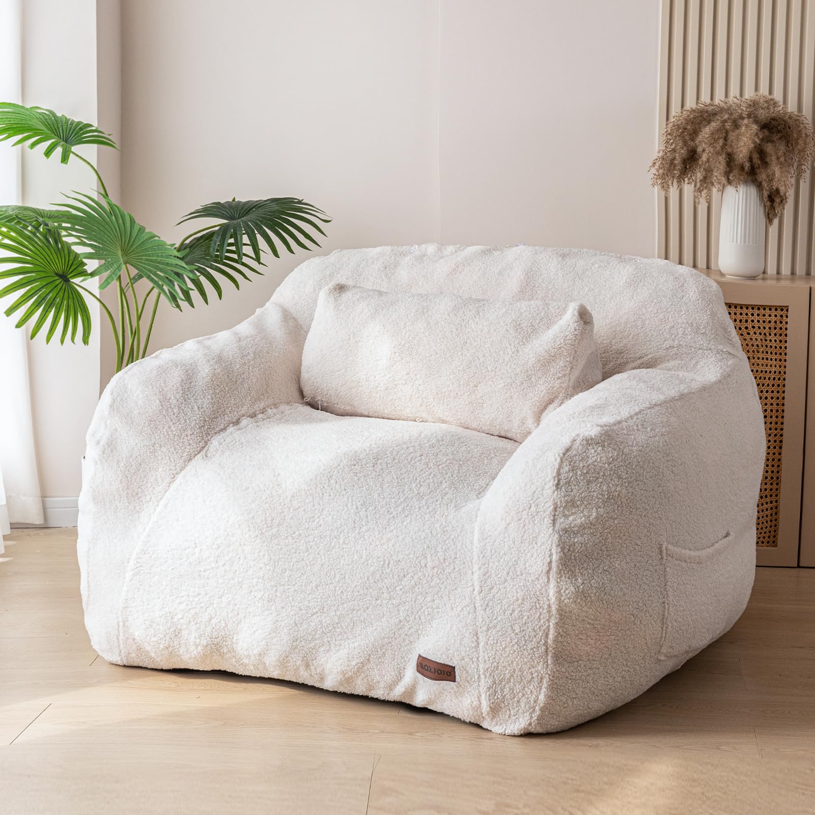 MAXYOYO Oversized Bean Bag Chair with Removable Pillow - Boucle Fabric Bean Bag Sofa for Adults & Teens - Large Upholstered Lounger for Living Room, Bedroom, Game Room - Perfect for Reading, Gaming & Relaxing - Beige Comfort Furniture