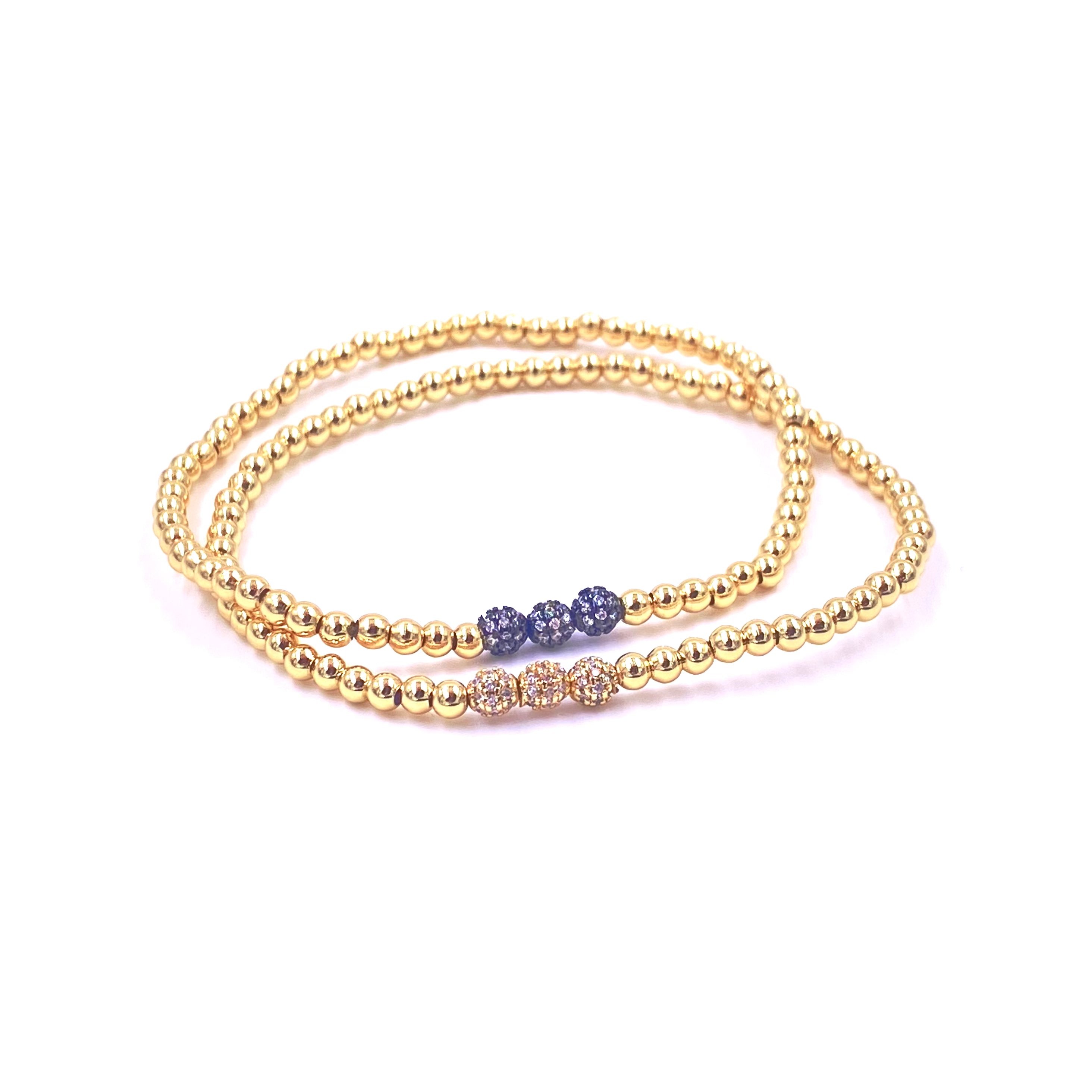 Ashley Gold Stainless Steel Gold Plated Three Center CZ Ball Design Stretch Beaded Bracelet for Women - Elegant Jewelry Gift for Birthday, Anniversary & Special Occasions