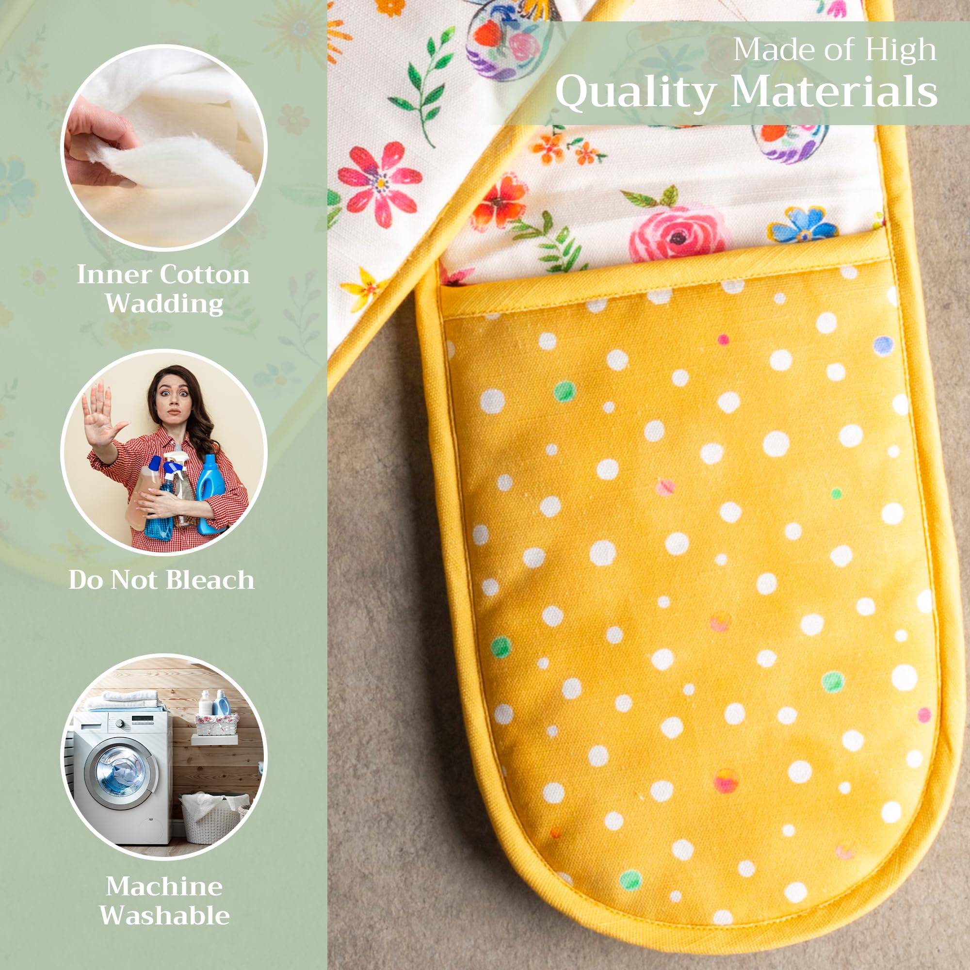 Maison d'Hermine Happy Florals 100% Cotton Double Oven Mitt with Loop - Heat Resistant BBQ, Baking, Grilling & Microwave Oven Gloves (7.5x35 Inch) - Perfect for Spring/Summer Cooking, Baking & Outdoor Barbecues