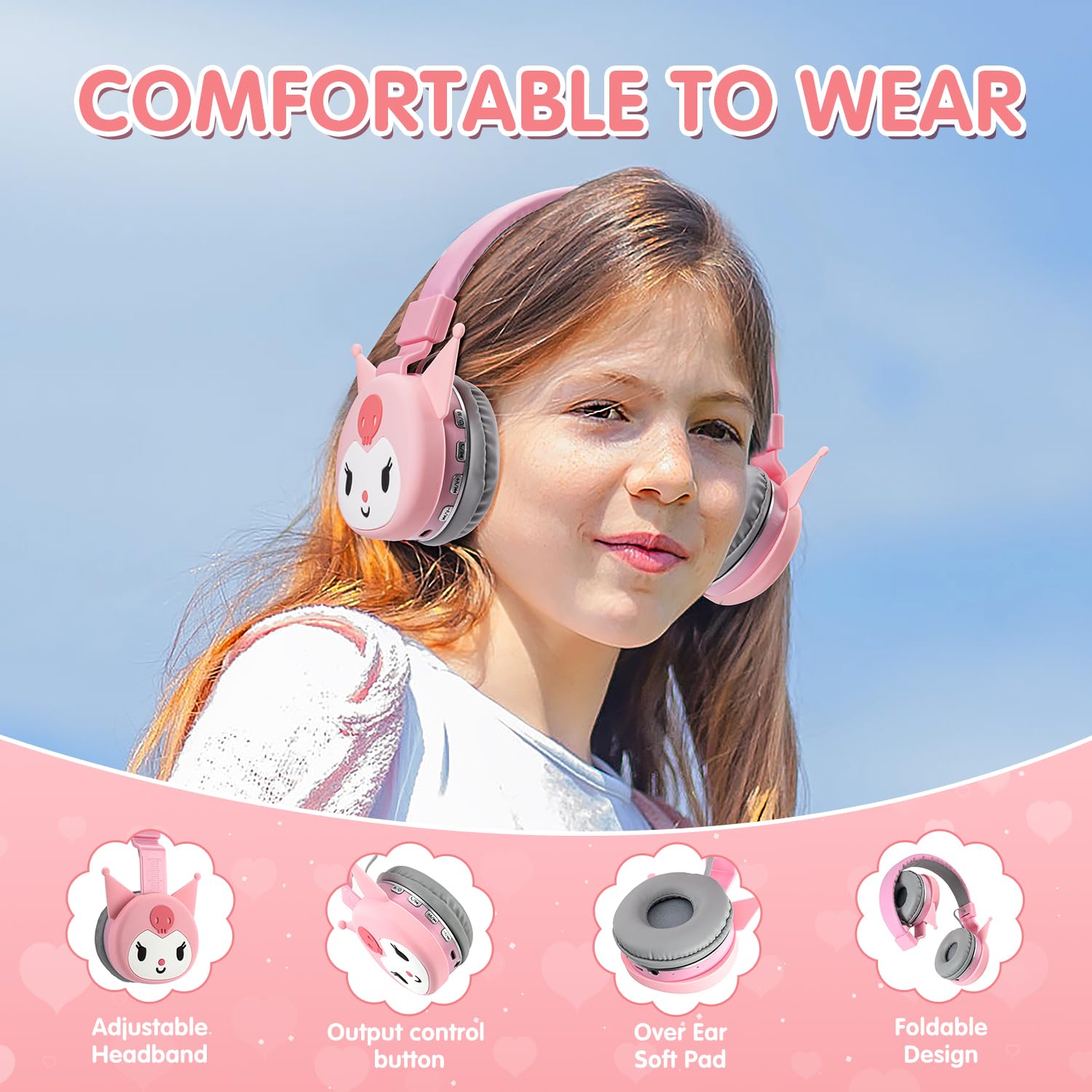 Wireless Kids Bluetooth Headphones with Microphone - Over Ear Noise Cancelling Headphones for Boys & Girls, Cute Toddler Headset with TF Card Slot - Perfect for School, Travel, Phone & Tablet Use (Pink)
