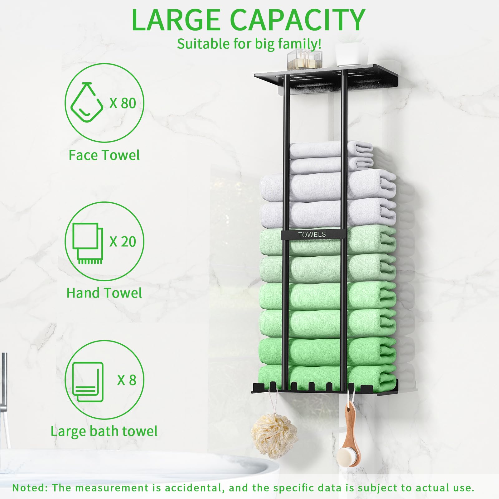 Sturdy 30-Inch Metal Towel Rack with Shelf & 5 Hooks - Wall Mounted Bathroom Storage Holder for 6 Large or Rolled Towels (Black) - Perfect for Spa, Guest Bathrooms & Laundry Rooms
