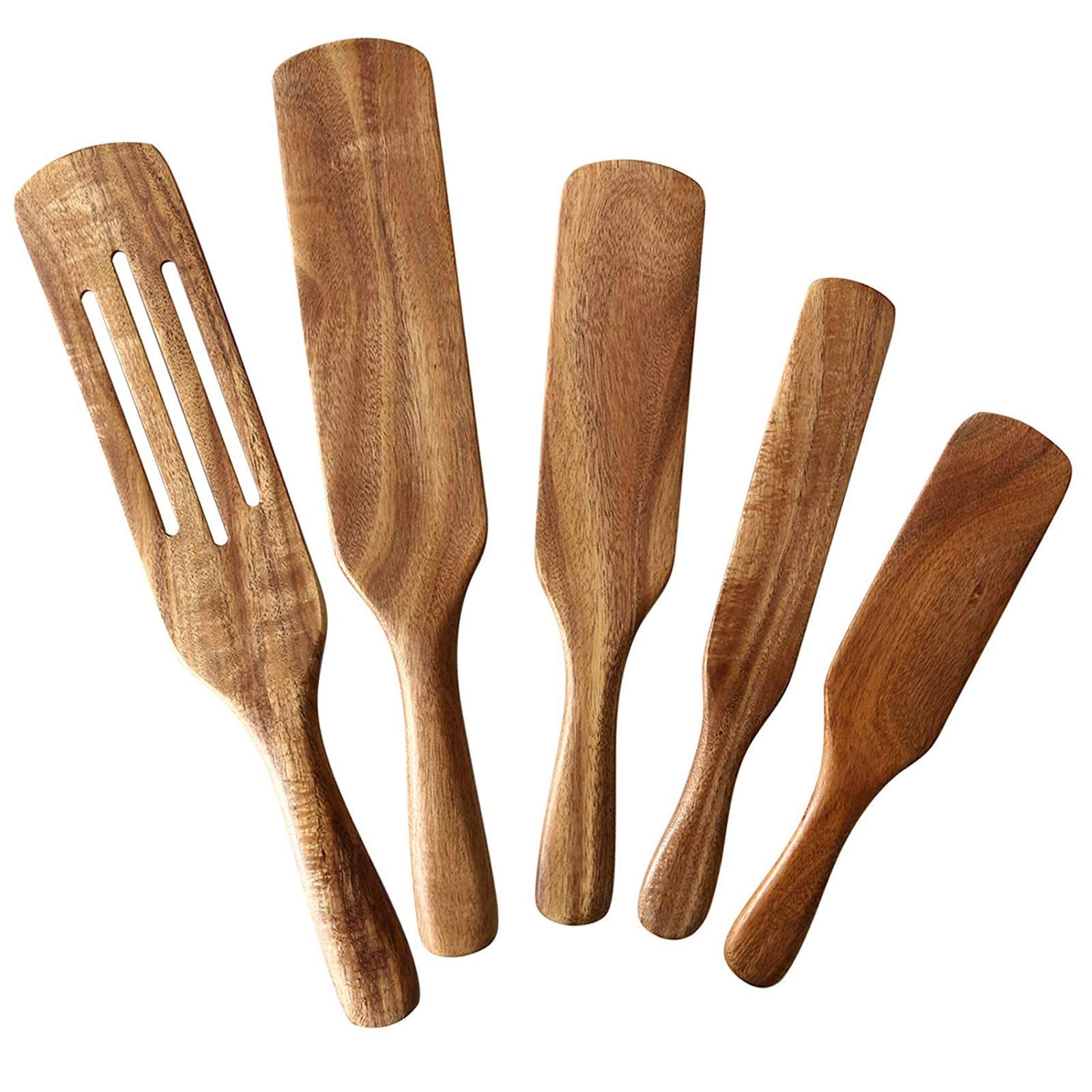 Tuscom 5-Piece Natural Wooden Rice Spoon Set - Solid Paint-Free Cooking Utensils for Rice Cooker & Kitchen - Perfect for Stirring, Serving & Wax Removal - Ideal for Dining, Bar & Soap Scum Cleaning