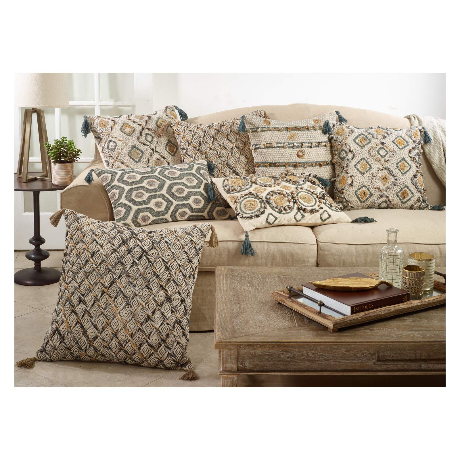 Handmade Clay Block Print Embroidered Decorative Throw Pillow - 22