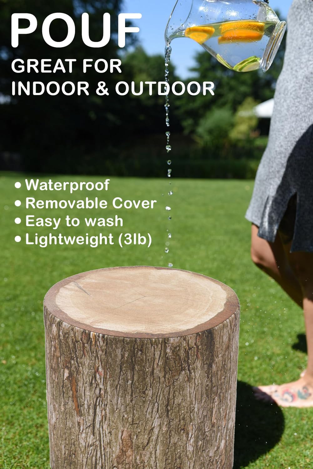 Delsit Woody Outdoor Pouf Ottoman – Waterproof Round Seat for Indoor & Outdoor Use | Lightweight European-Made Footrest & Stylish Home Decor | Perfect for Patio, Garden, Living Room & Lounge