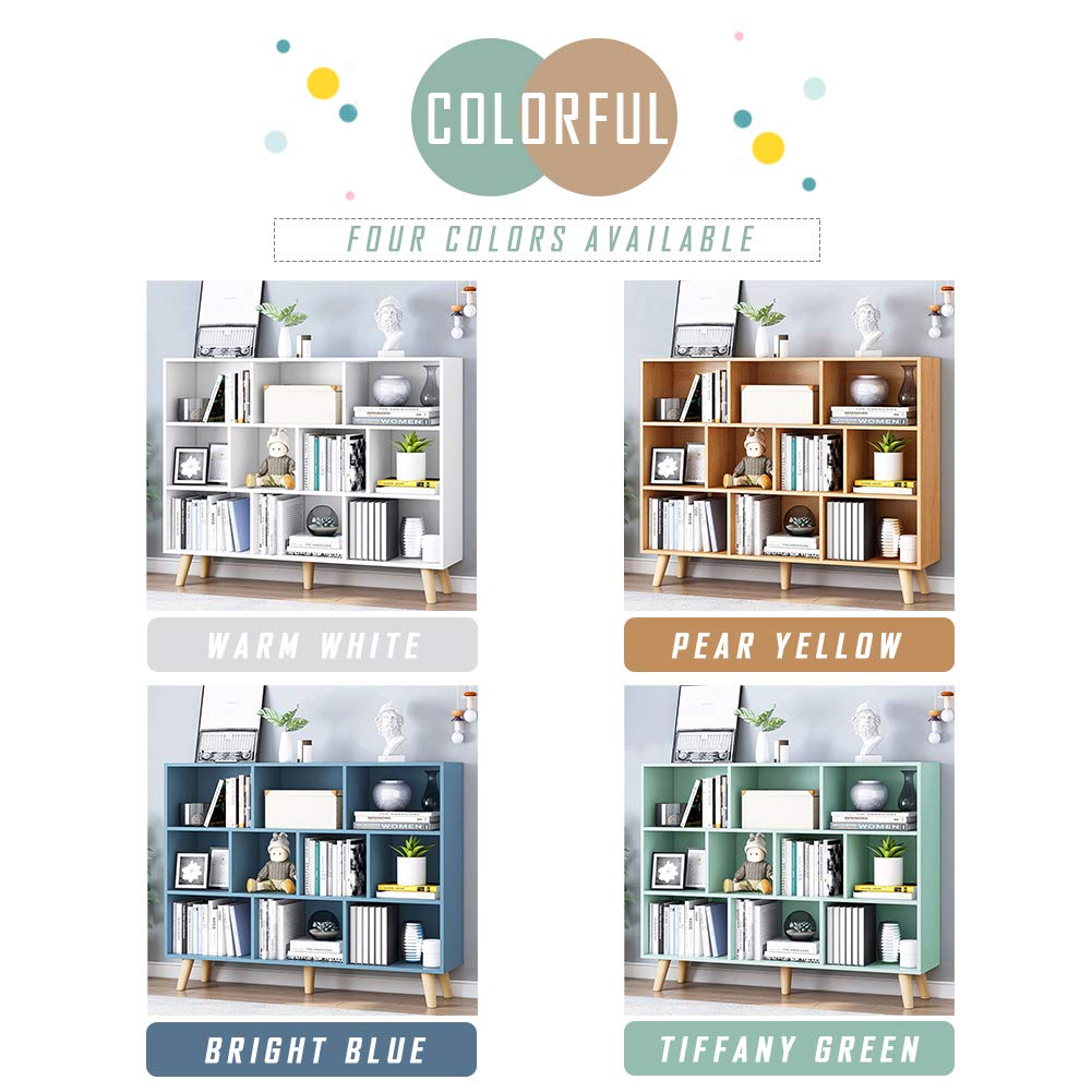 IOTXY 3-Tier Wooden Open Shelf Bookcase - Floor Standing Display Cabinet with 10 Storage Cubes, Modern Tiffany Green Bookshelf for Living Room, Bedroom & Office Organization