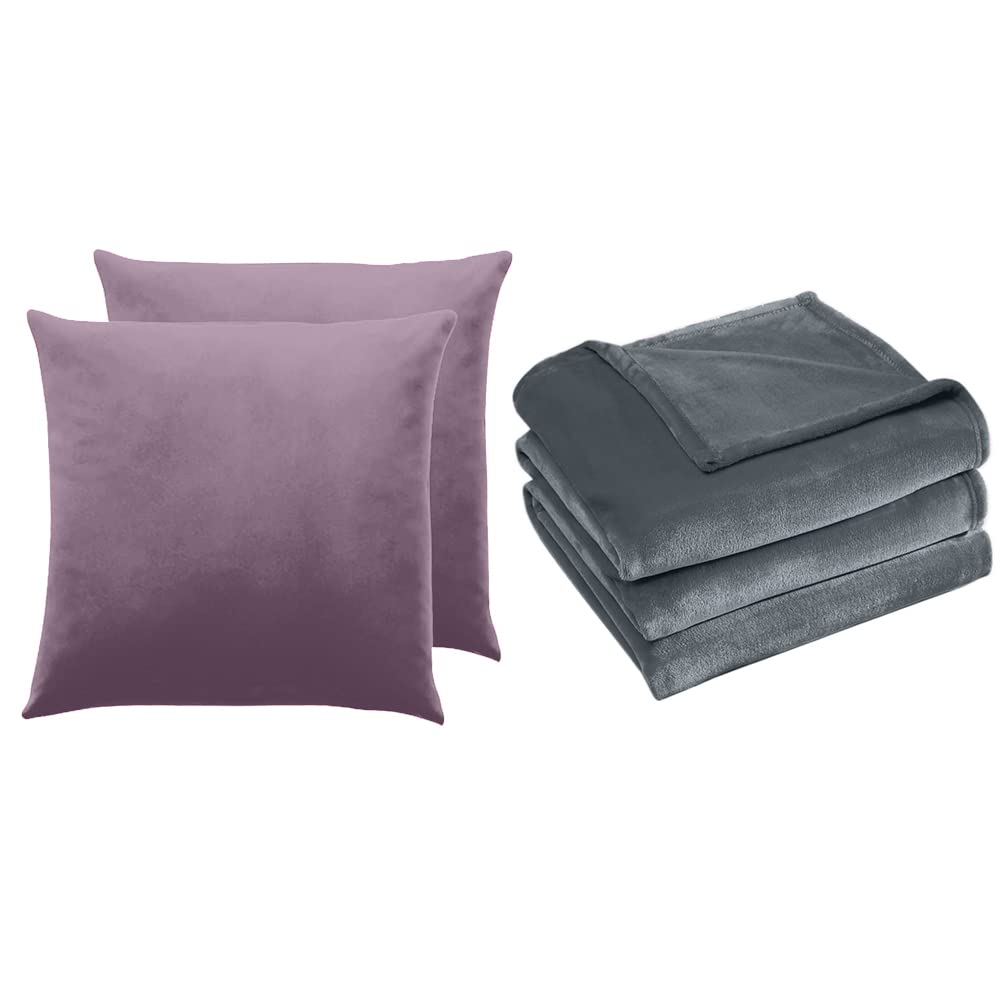 Premium Velvet Pillow Covers & Fleece Blanket Set - 2 Soft 20x20 Inch Plum Purple Pillowcases + 50x60 Inch Slate Gray Cozy Throw - Luxury Home Decor for Living Room, Bedroom & Sofa Comfort