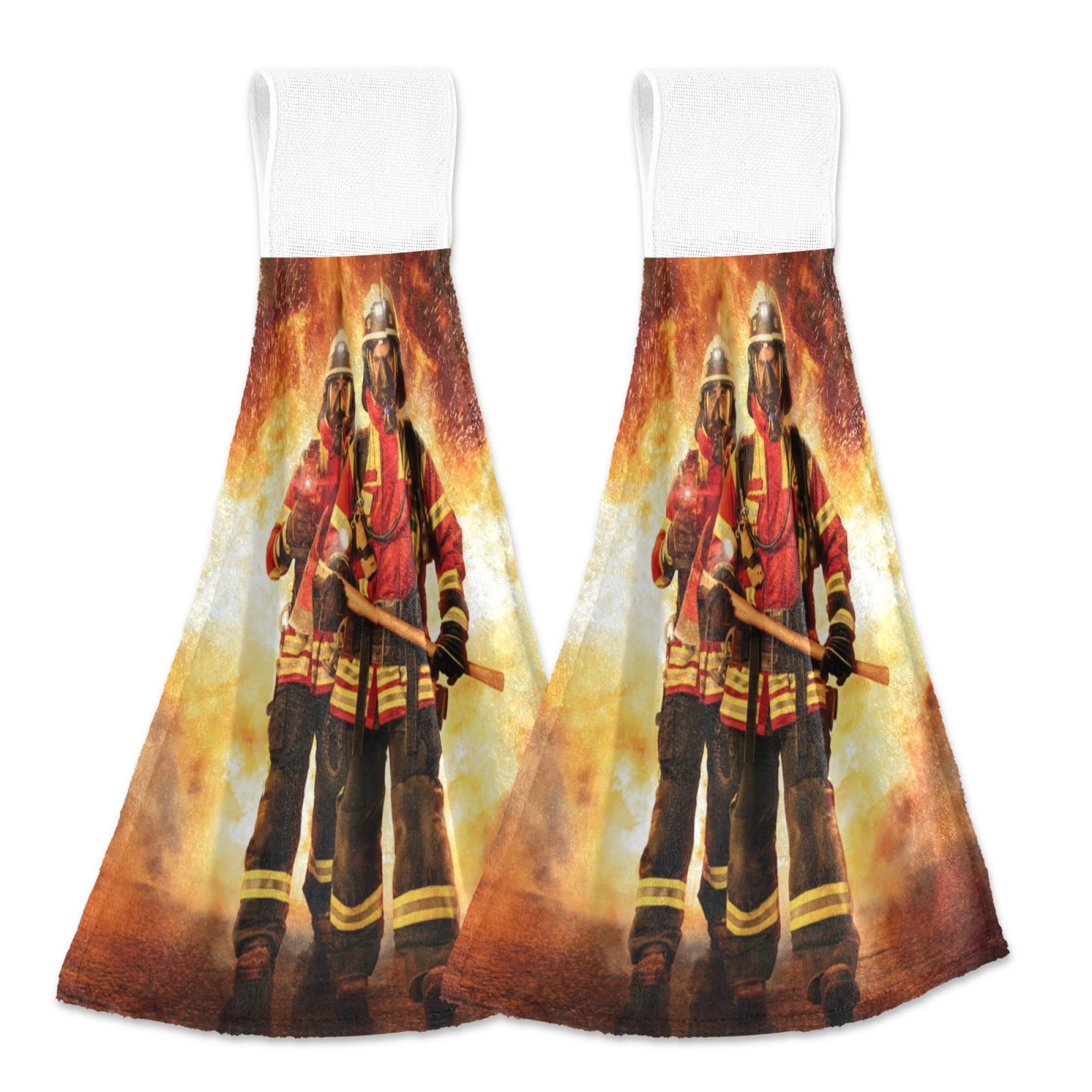 Firefighter Fireman Flame Sparkle Kitchen Hand Towels - Set of 2 Absorbent Hanging Towels with Hook & Loop for Bathroom, Kitchen, and Camping Use