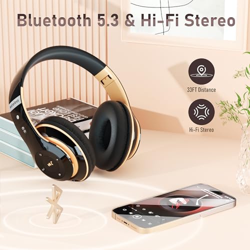Premium Bluetooth Over-Ear Headphones with 6 EQ Modes, 40H Playtime & HiFi Stereo – Wireless/Wired Foldable Headset with Mic, FM/TF for Phone/PC/Work (Black & Gold) – Perfect for Gaming, Travel & Office Use