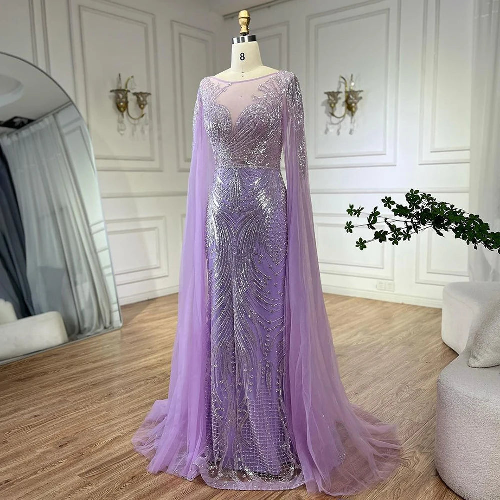 Elegant Dubai Arabic Lilac Beaded Mermaid Evening Gown with Cape Sleeves for Women - Luxury Party Dress for Weddings, Galas & Special Occasions | Serene Hill Collection LA72532