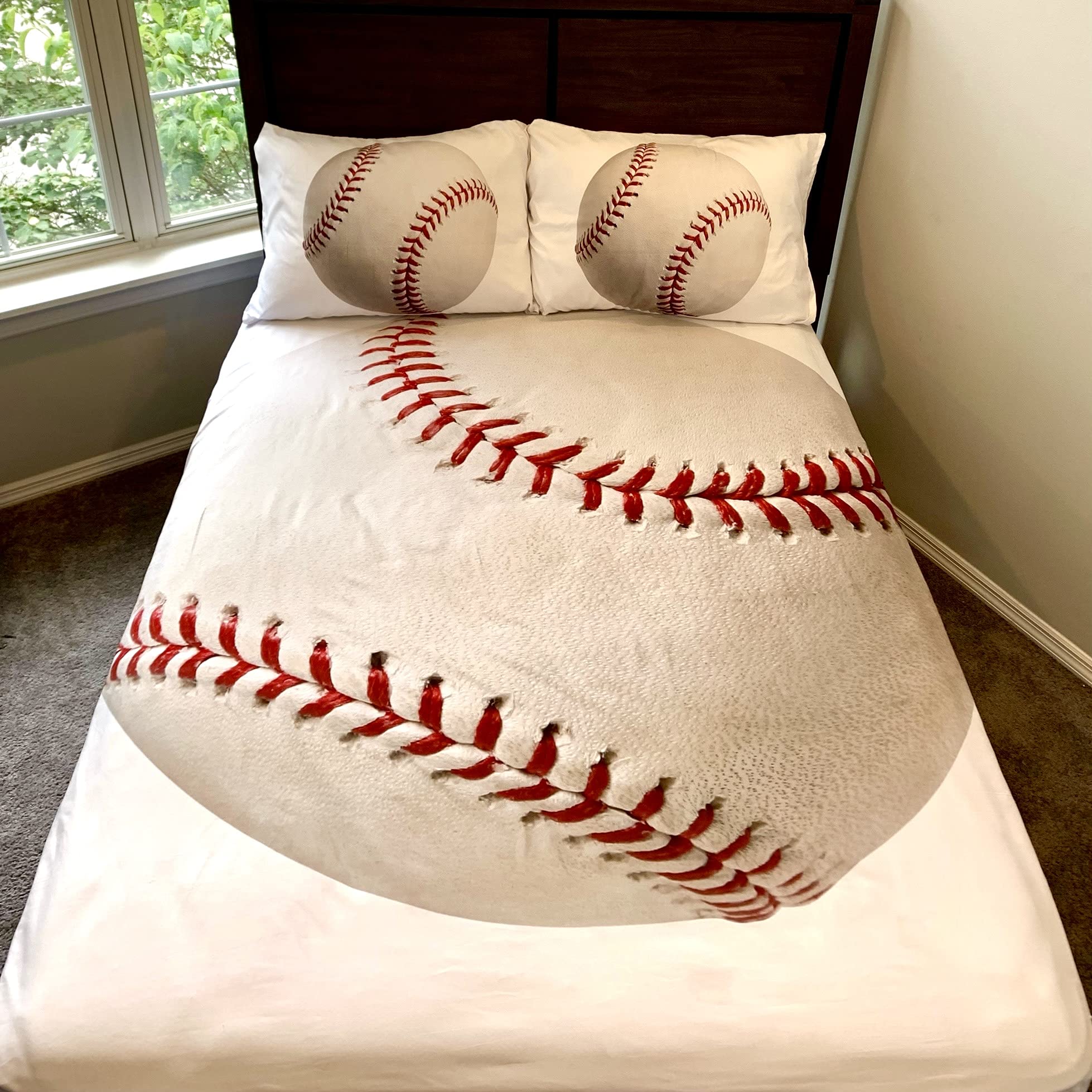 5-Piece Kids Baseball Twin Bedding Set - Round Comforter, 2 Pillowcases, Sheet Set & Soft Microfiber Flannel Blanket | Perfect for Boys' Bedroom, Sports-Themed Decor & Cozy Sleep