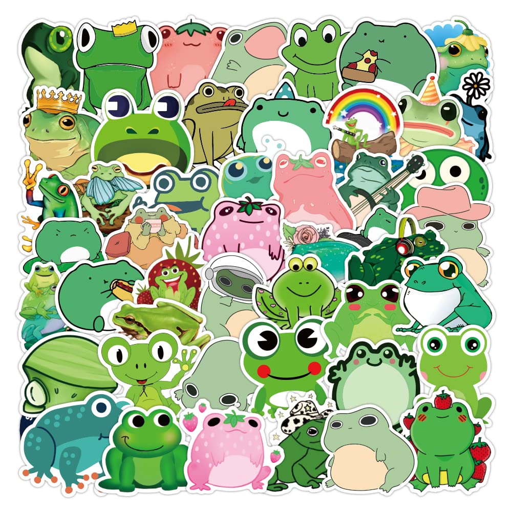 50Pcs Waterproof Vinyl Frog Stickers - Cute Animal Decals for Water Bottles, Hydro Flasks, Laptops, Skateboards & Luggage - Fun Sticker Pack for Kids, Teens & Women - Perfect for School, Travel & DIY Crafts