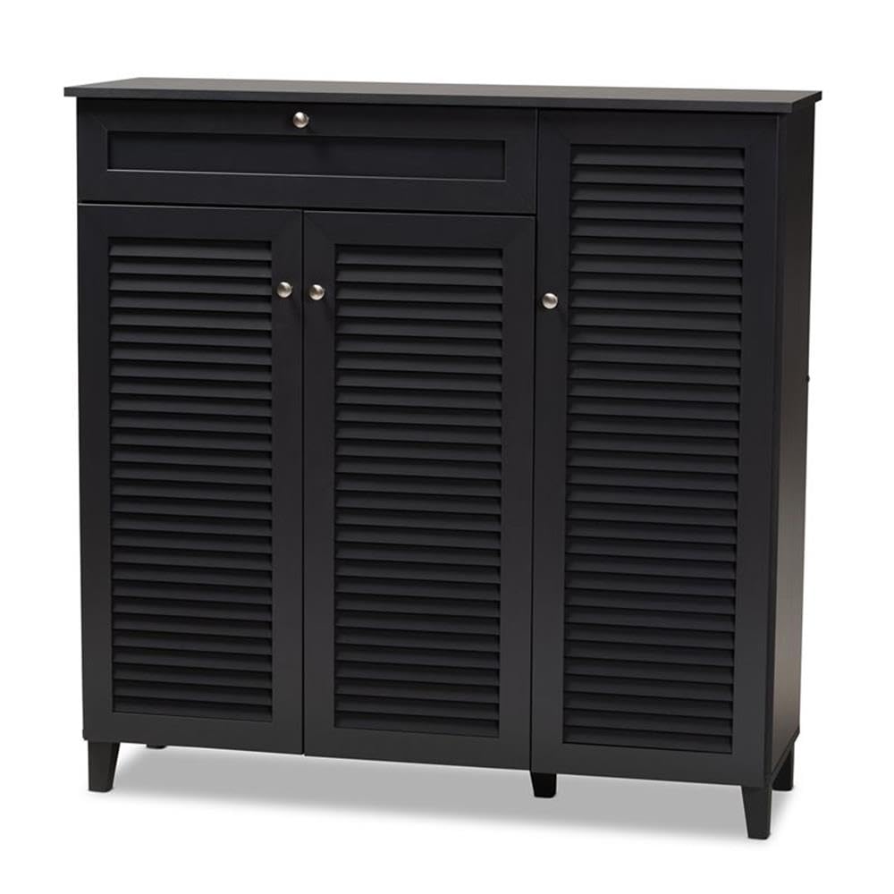 Baxton Studio Coolidge Modern 11-Shelf Shoe Storage Cabinet with Drawer - Dark Grey Wooden Organizer for Entryway, Bedroom & Closet Organization