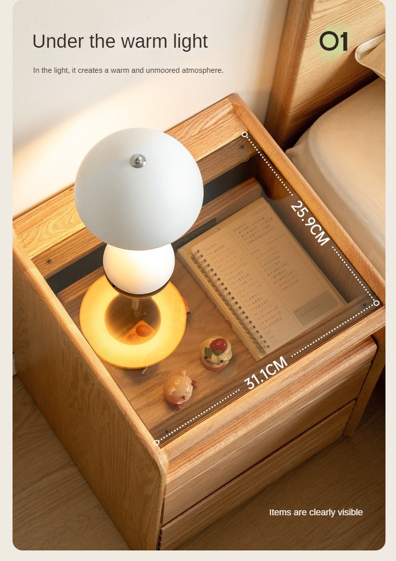 Solid Oak Wood Nightstand with Glass Top - Modern Movable Bedside Table for Bedroom, Living Room, or Office