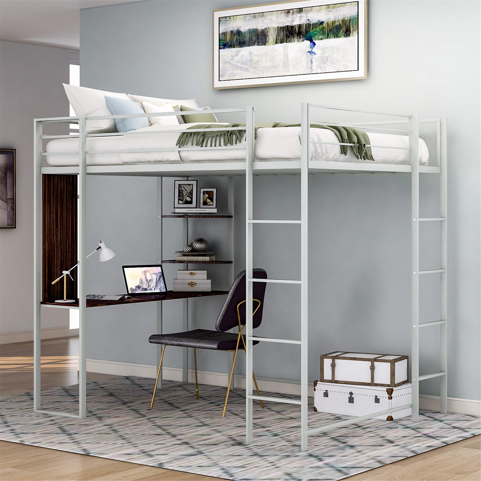 Metal Loft Bed with Shelves & Desk - Twin Size, Built-in 2 Ladders & Full-Length Guardrails for Kids Teens Adults - No Box Spring Needed - Silver - Perfect for Small Rooms, Dorms & Apartments