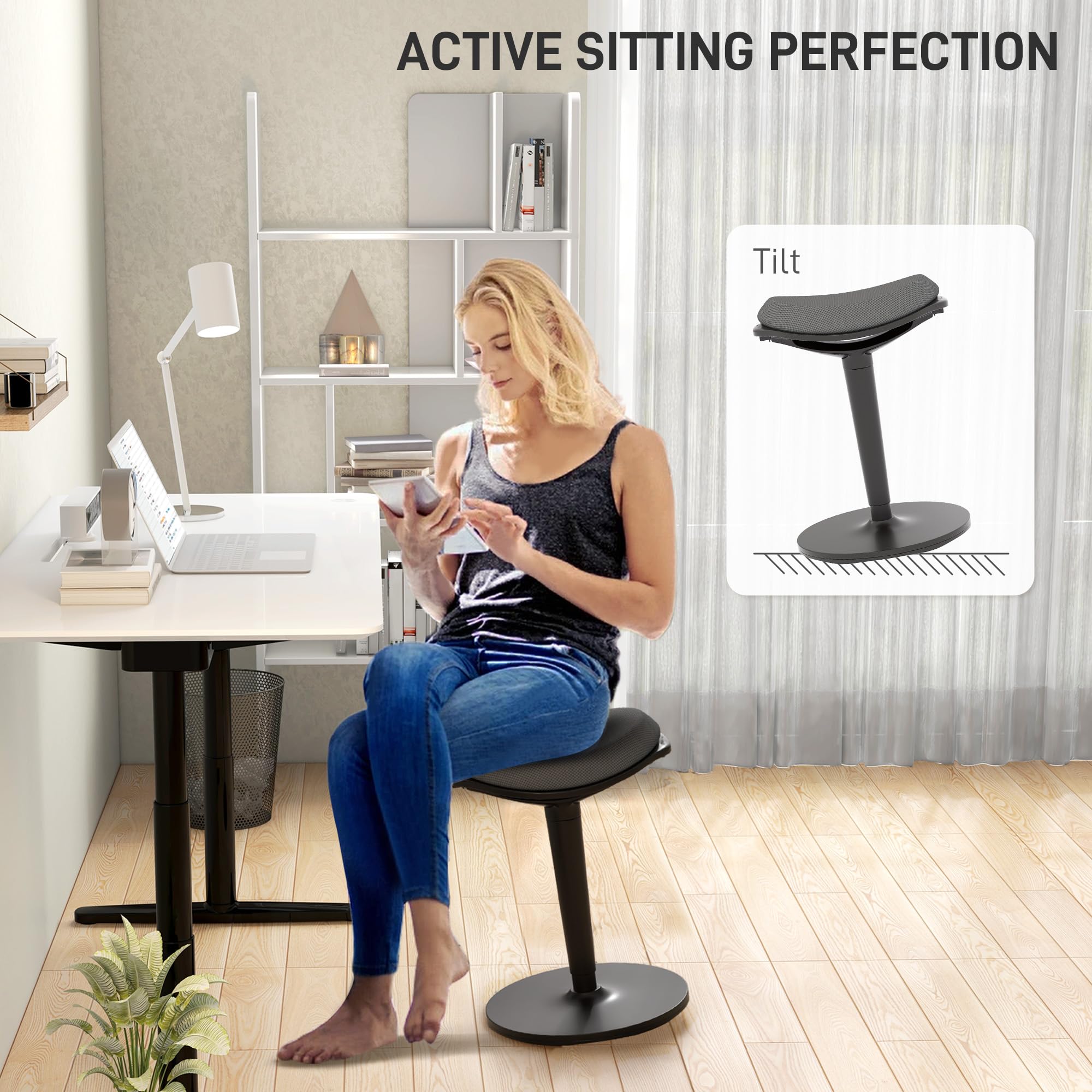 HOMCOM Adjustable Standing Desk Chair - Ergonomic Backless Wobble Stool with Rocking Motion, 22.2-28.1 Inch Height Range, Padded Seat for Comfort - Perfect for Office Work, Home Study & Active Learning - Gray