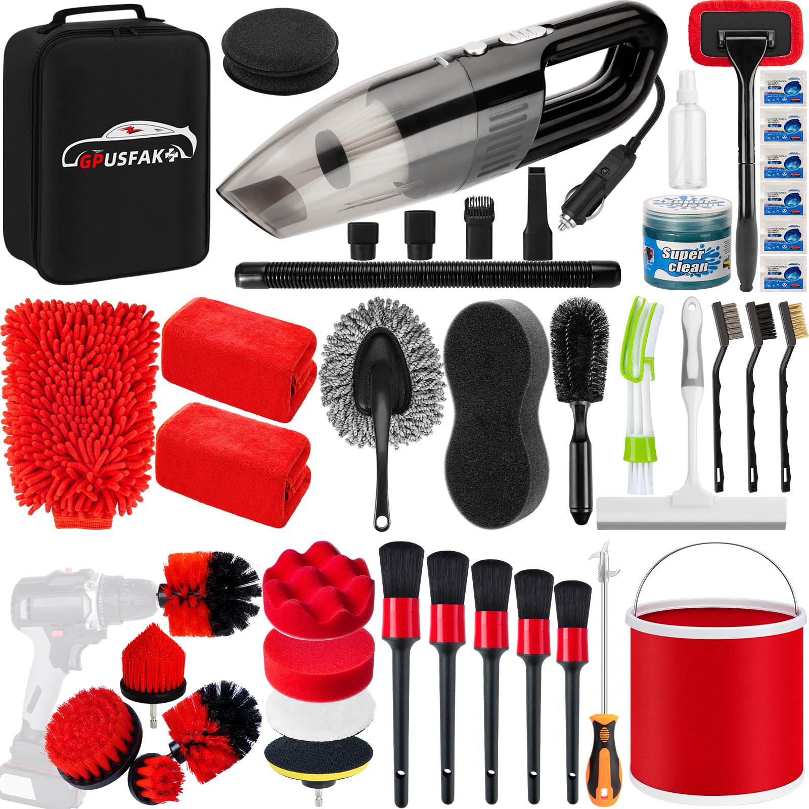 44Pcs Car Wash Cleaning Kit with Detailing Brushes, Car Vacuum Drill Brush Set, Collapsible Bucket, Windshield Cleaner, Tire Brush & Microfiber Towels - Complete Interior & Exterior Car Detailing Kit for DIY Auto Care, Vehicle Maintenance & Professional Detailing