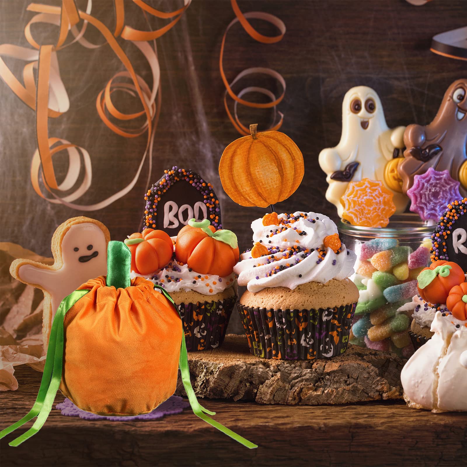 10 Pack Fall Pumpkin Candy Bags - Orange Halloween Treat Bags with Drawstring for Thanksgiving, Christmas & Autumn Parties - Perfect for Trick or Treat, Goodie Gifts & Seasonal Celebrations