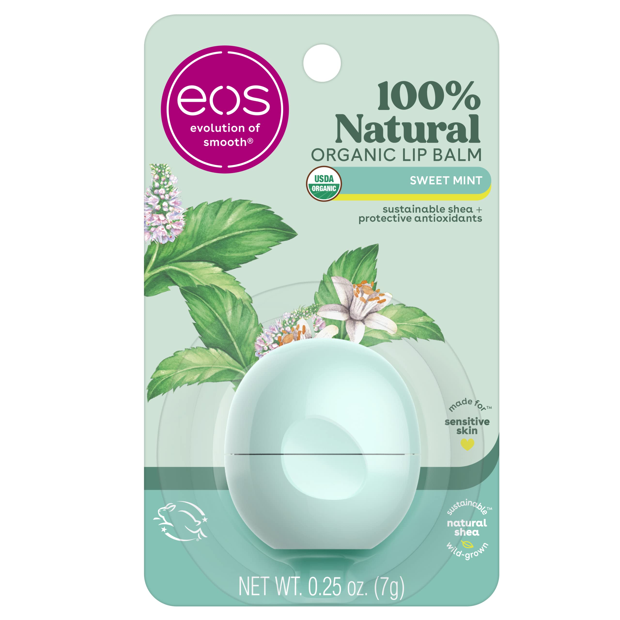 EOS 100% Natural & Organic Lip Balm - Sweet Mint, Dermatologist Recommended for Sensitive Skin, All-Day Moisture & Hydration, 0.25 oz | Perfect for Dry Lips, Winter Care, Daily Lip Protection & On-The-Go Use