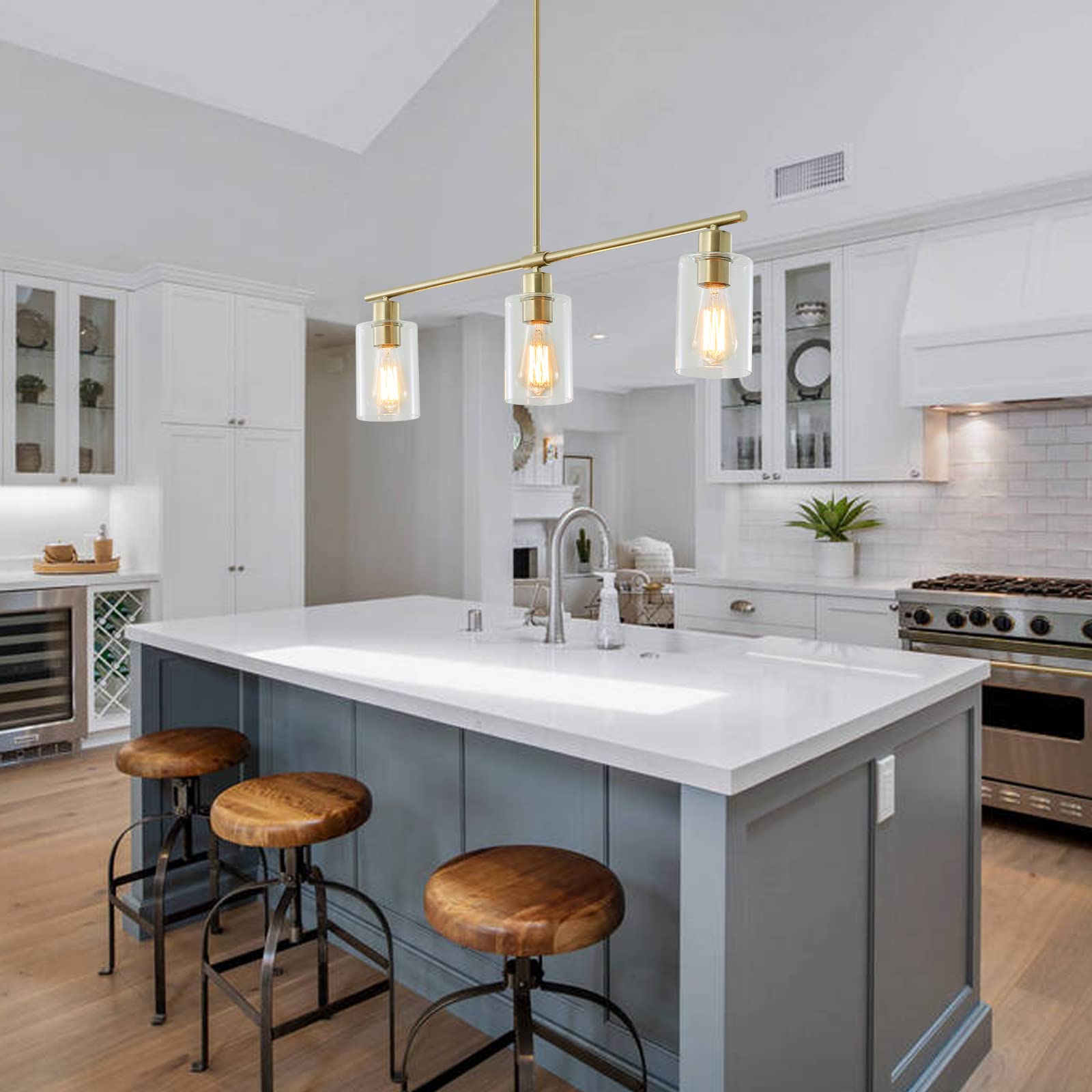 3-Light Industrial Linear Pendant Light Fixture with Clear Glass Shades - Gold Kitchen Island Hanging Chandelier for Dining Room, Washroom & Modern Home Decor | Perfect for Farmhouse, Loft & Contemporary Spaces