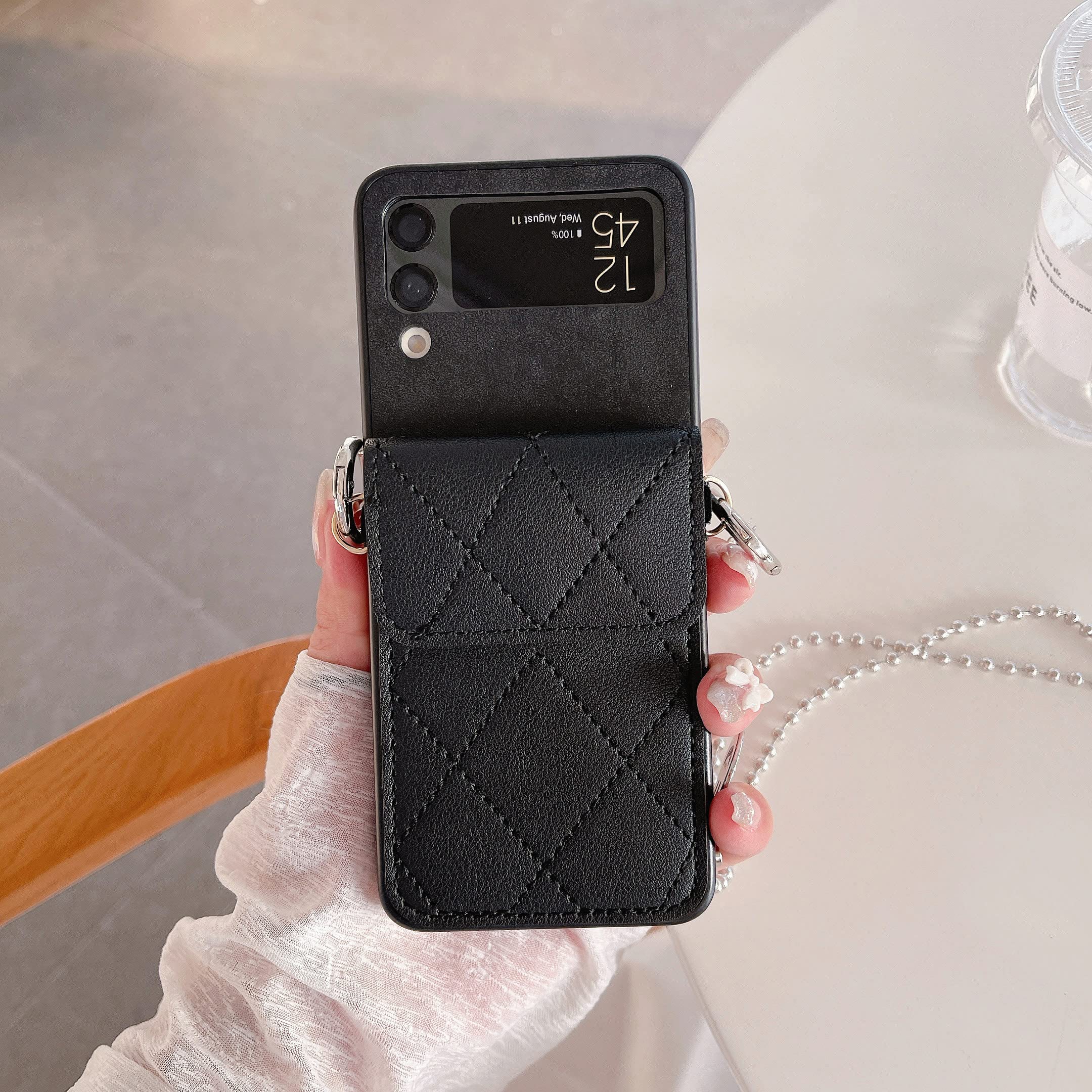 Luxury Leather Wallet Case for Samsung Galaxy Z Flip 3 5G (2021) - Cute Black Card Holder with Metal Chain Lanyard, Shockproof Flip Cover for Women & Girls | Perfect for Everyday Use, Travel, and Style Protection