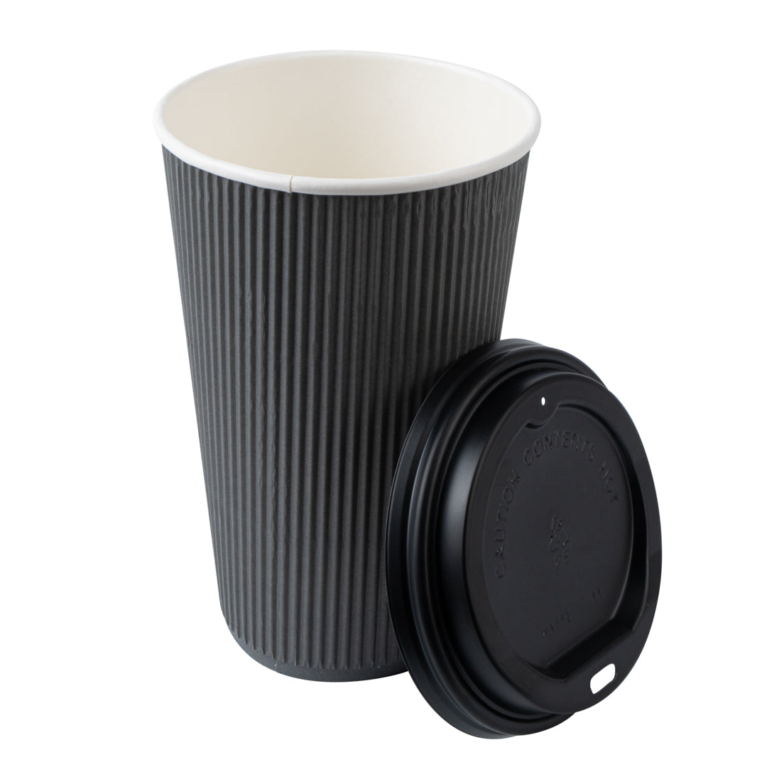 16 oz Gray Ripple Wall Paper Coffee Cups with Black Lids - 20 Count Box (3.5