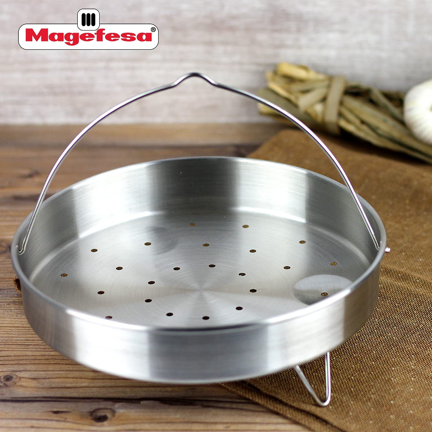 MAGEFESA Stainless Steel Perforated Steamer Basket with Tripod - 7.9 Inch (20cm) Universal Fit for Pressure Cookers & 8.7 Inch (22cm) Kitchen Utensils - Perfect for Steaming Vegetables, Seafood & Dumplings