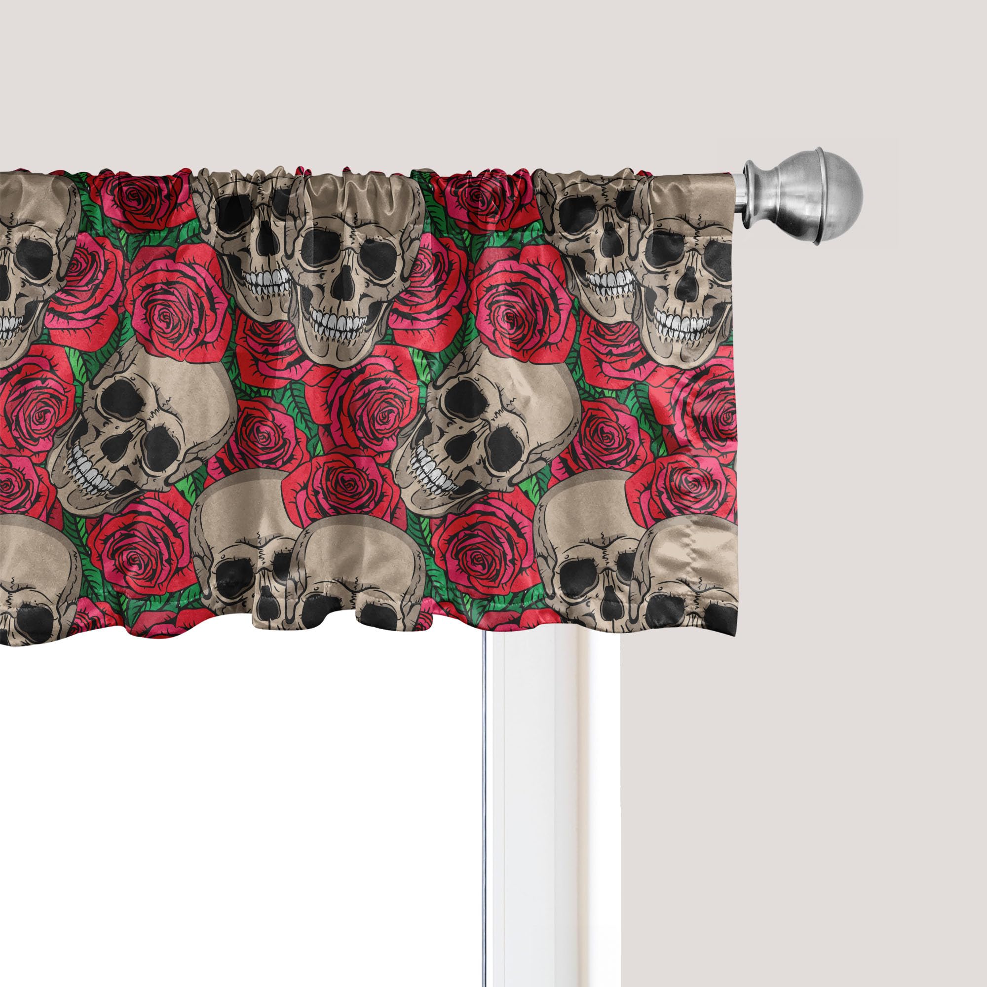 Ambesonne Gothic Rose Window Valance - Skull & Red Rose Blossom Halloween Decor with Rod Pocket, 54x12 Inches, Vermilion Green - Perfect for Kitchen, Bedroom & Gothic Home Decor
