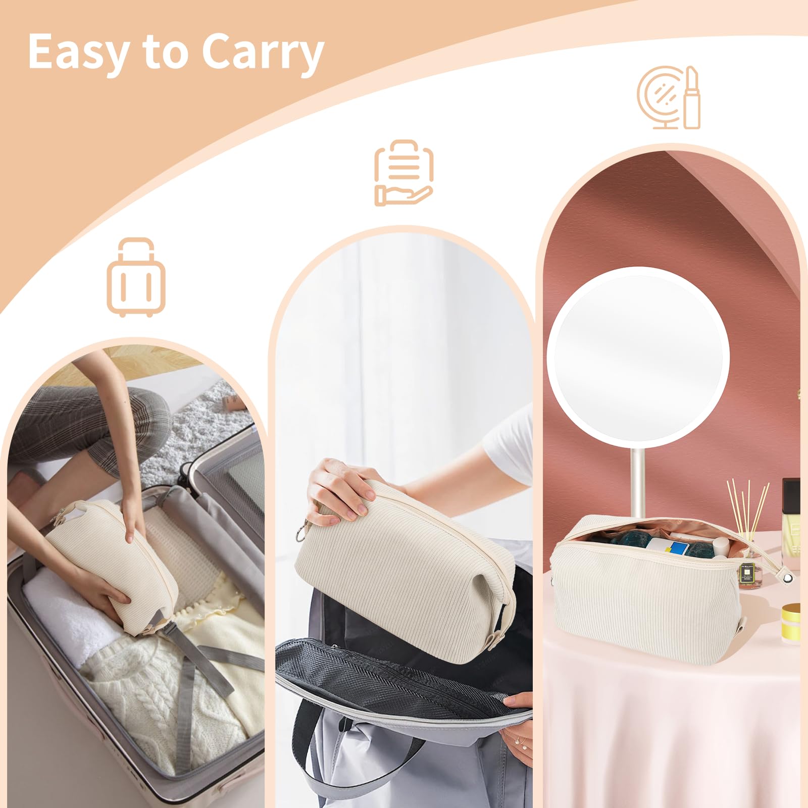 Large Corduroy Makeup Bag for Women - Travel Cosmetic Organizer with Wide Opening for Toiletries, Brushes & Bottles | Perfect for Travel Essentials & Daily Makeup Storage (Beige)