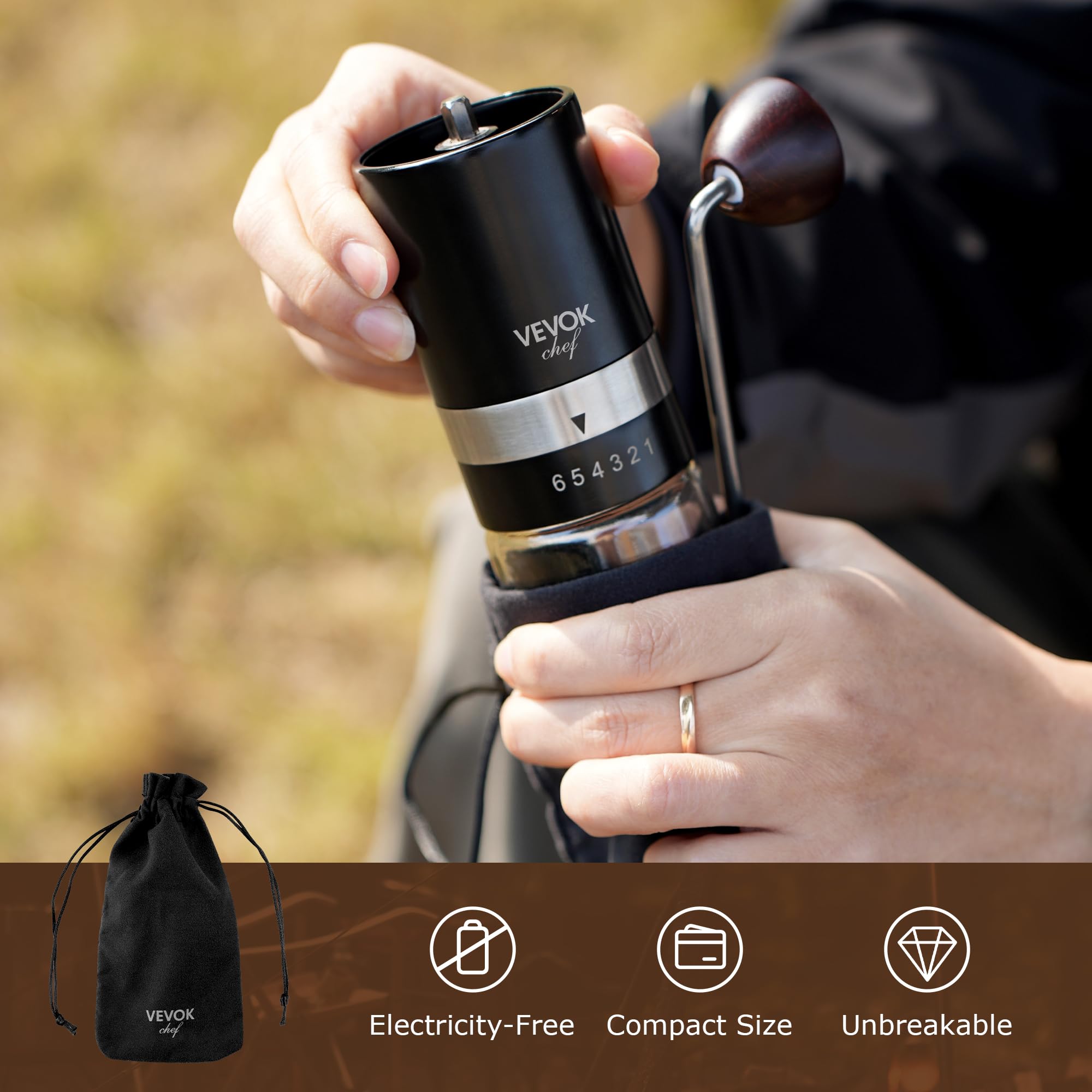 VEVOK CHEF Manual Coffee Grinder - 6 Adjustable Settings, Stainless Steel Conical Burr Mill, Portable Hand Crank Coffee Bean Grinder for Espresso, French Press, Drip Coffee - Perfect for Home, Office, Camping & Travel Gifts