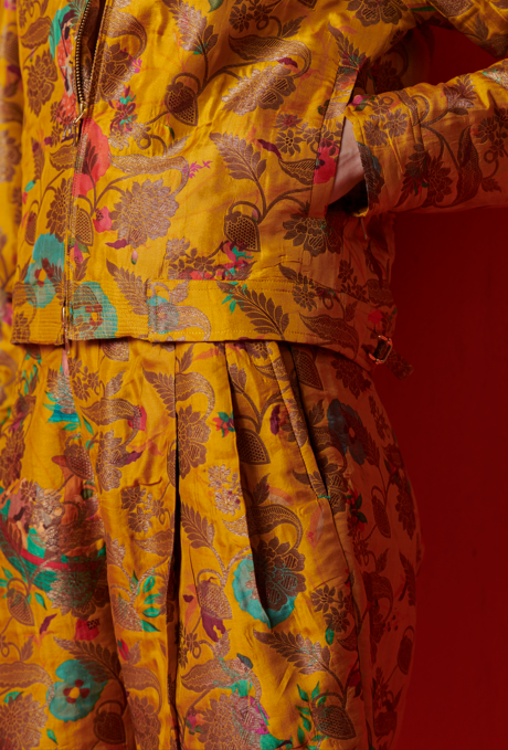 Musafir Jacket - Silk Brocade Mustard Gold Coat for Women | Elegant Traditional Outerwear for Weddings, Parties & Special Occasions