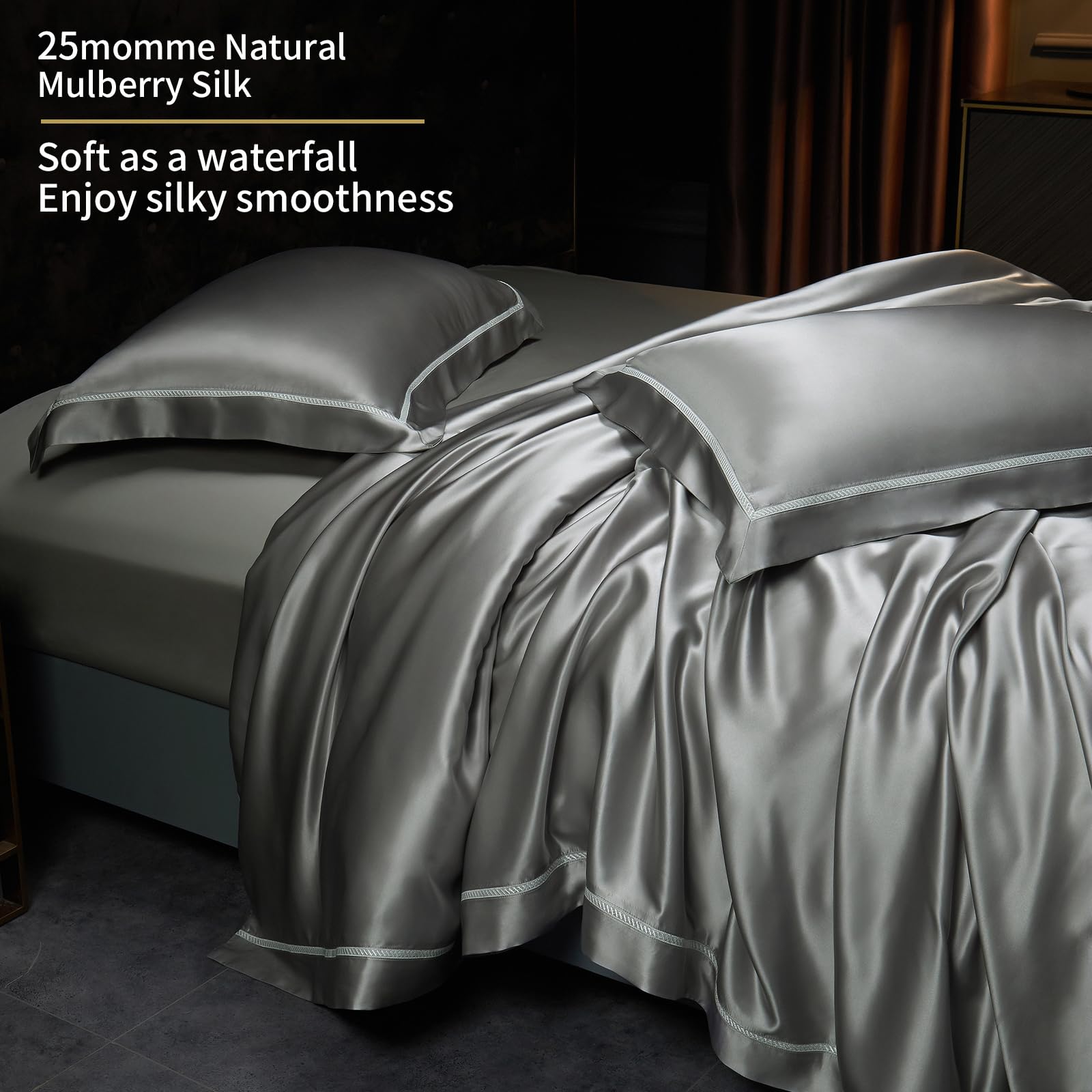 YOUR MOON 25 Momme 100% Pure Mulberry Silk Duvet Cover Set King Size - Luxury 3 Piece Bedding Set with Button Closure (1 Duvet Cover + 2 Pillow Shams) in Starry Gray - Perfect for Master Bedroom, Guest Room & Luxury Hotels
