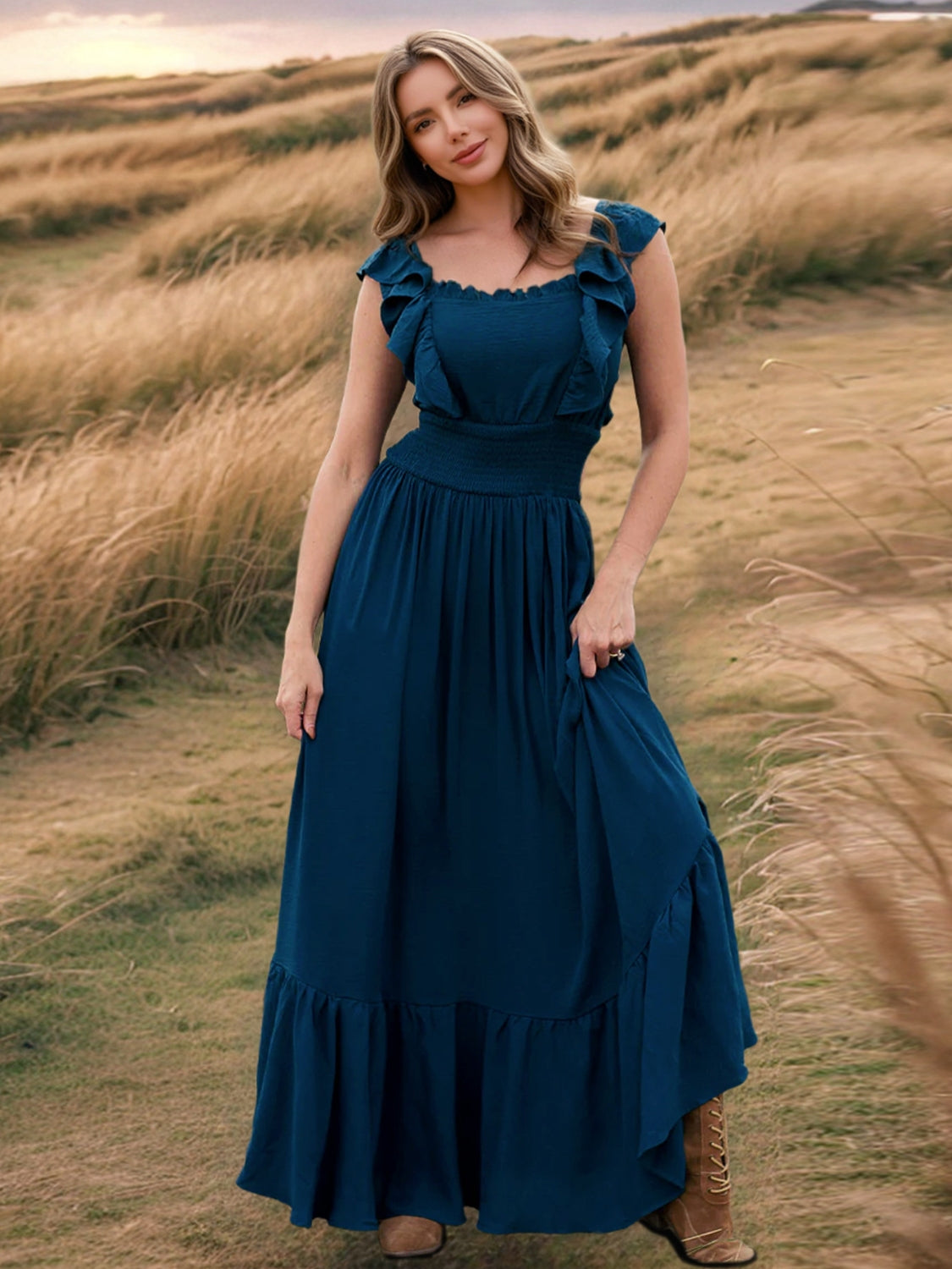 Elegant Ruffled Square Neck Maxi Beach Dress for Women - Flowy Summer Vacation Dress for Beach, Pool, and Resort Wear