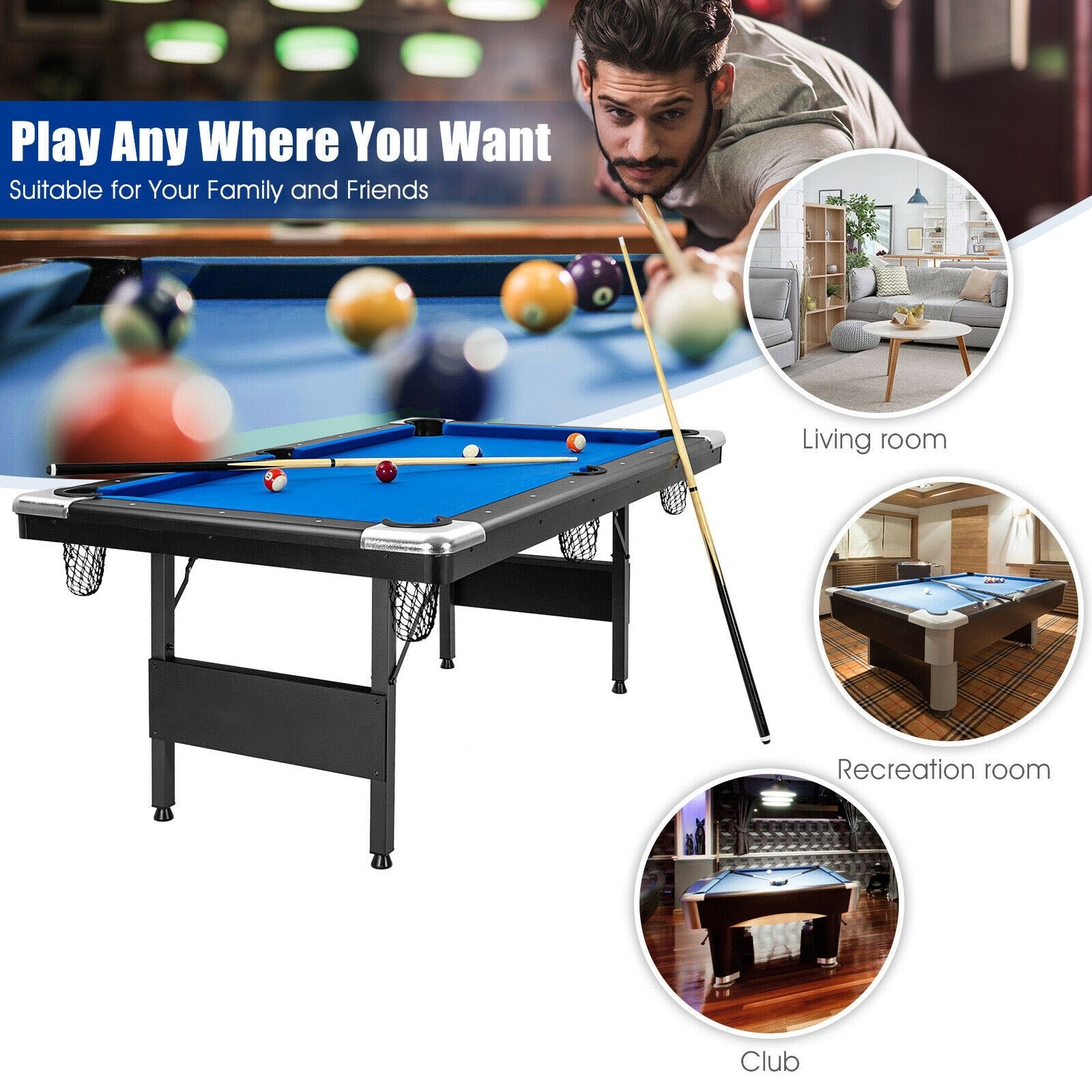 Costway 6ft Foldable Billiard Pool Table with Complete Set of Balls | Professional & Home Use | Perfect for Game Rooms, Bars & Family Entertainment