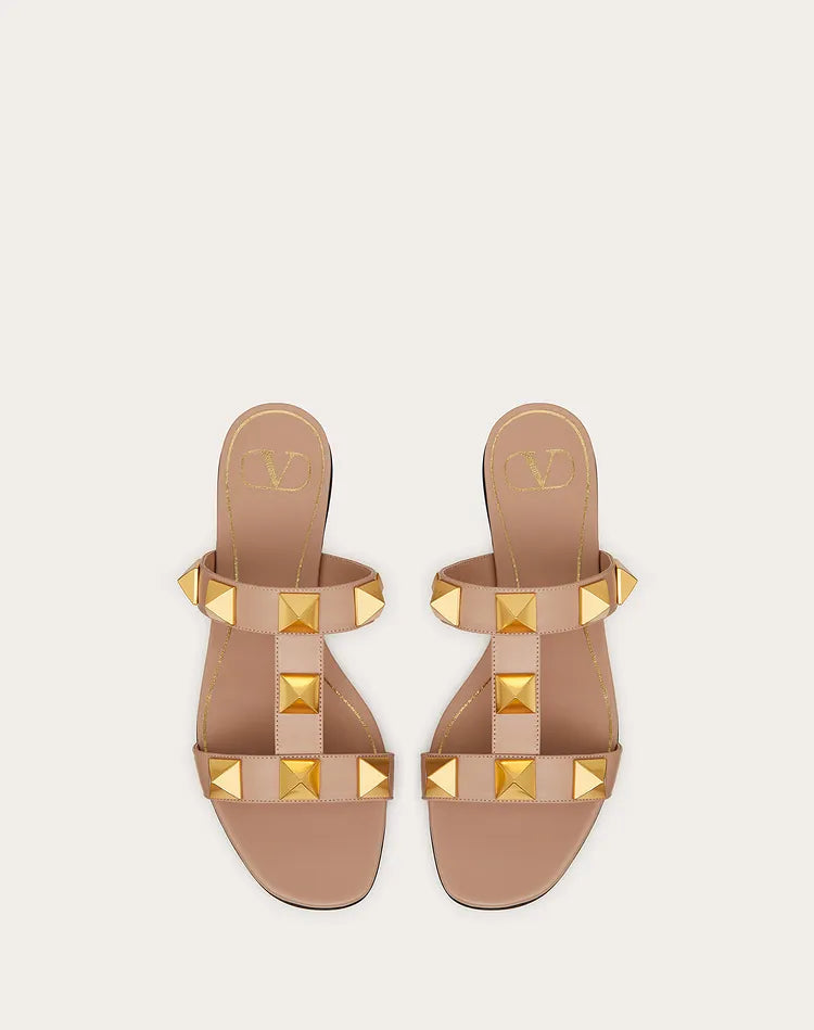 Roman 2 Strap Slide Sandals for Women - Rose Gold Gladiator Summer Sandals | Comfortable Flat Sandals for Beach, Vacation & Casual Outfits