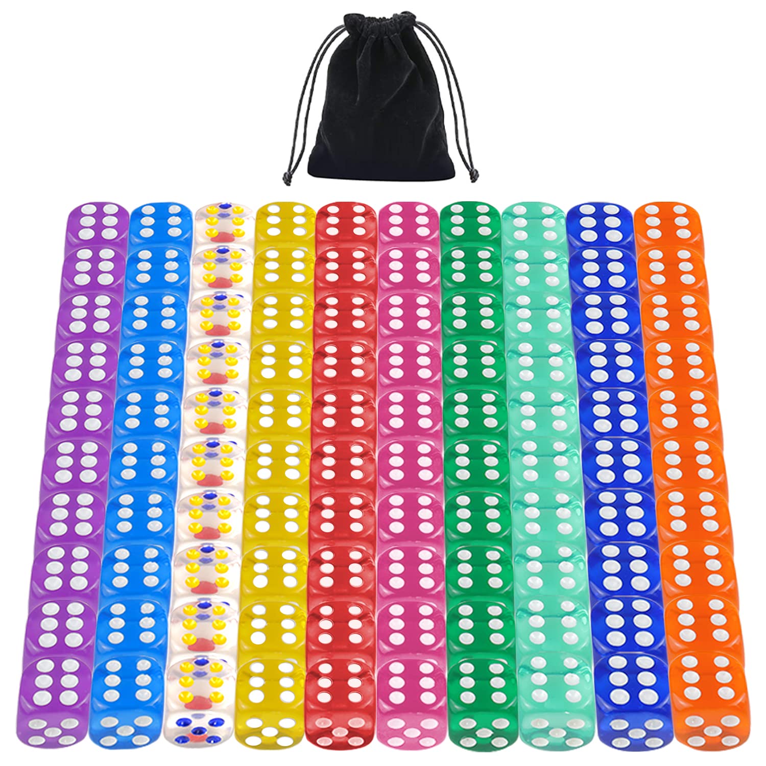 100-Piece 10-Color Transparent Acrylic 6-Sided Dice Set for DND, MTG, RPG, Tabletop Games - Perfect for Tenzi, Yahtzee, Bunco & Math Teaching | Great for Game Nights, Classroom Activities & Strategy Sessions