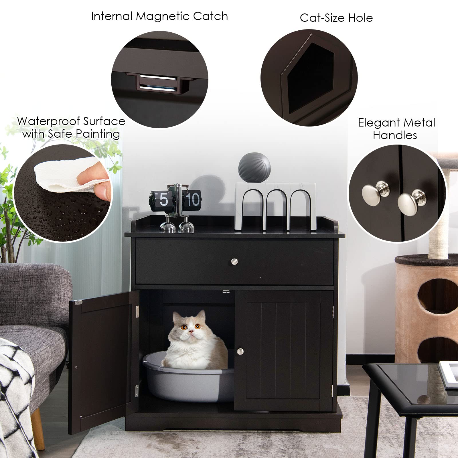 PETSITE Large Cat Litter Box Enclosure - Wooden Cat Washroom End Table with Drawer & 2 Doors, Hidden Litter Box Furniture Storage Cabinet for Home Decor (Brown) | Perfect for Small Spaces & Multi-Cat Households