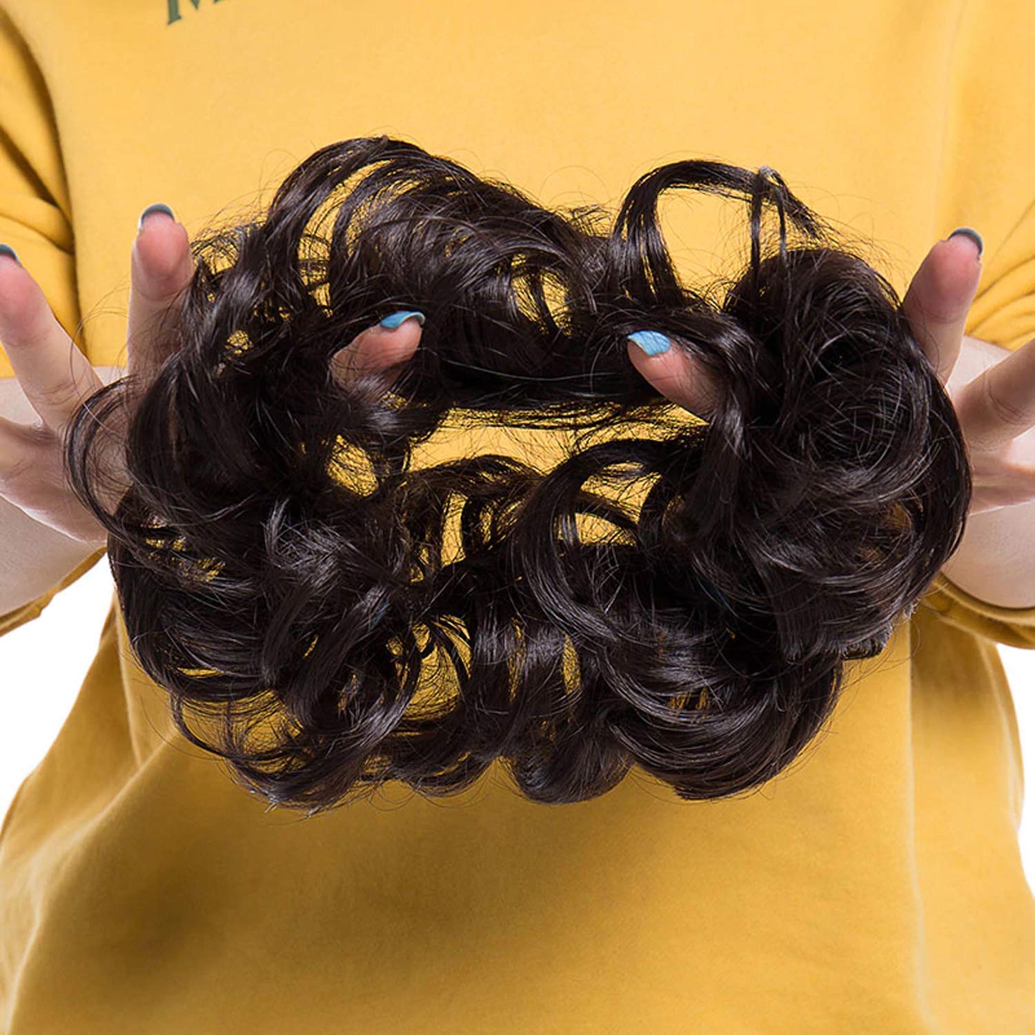 DELORUS Messy Bun Hair Extensions 2Pcs - Women's Artificial Hair Buns with Rubber Bands, False Hair Donut for Easy Updo & Ponytail - Perfect for Work, Gym, and Everyday Styling (Rubberband - BR)