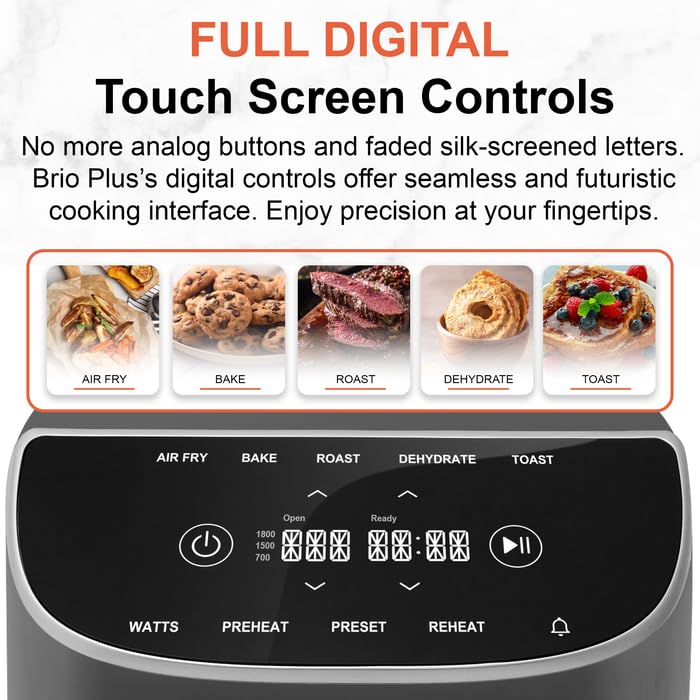Nuwave 8QT Brio Air Fryer Plus - Digital LED Touch Screen, 50°F~400°F Temperature Range, 5° Precise Control, 3 Power Settings, 5 Cooking Functions, 50 Memory Presets, PFAS-Free, Cool Gray - Perfect for Healthy Frying, Baking, Roasting & Reheating at Home