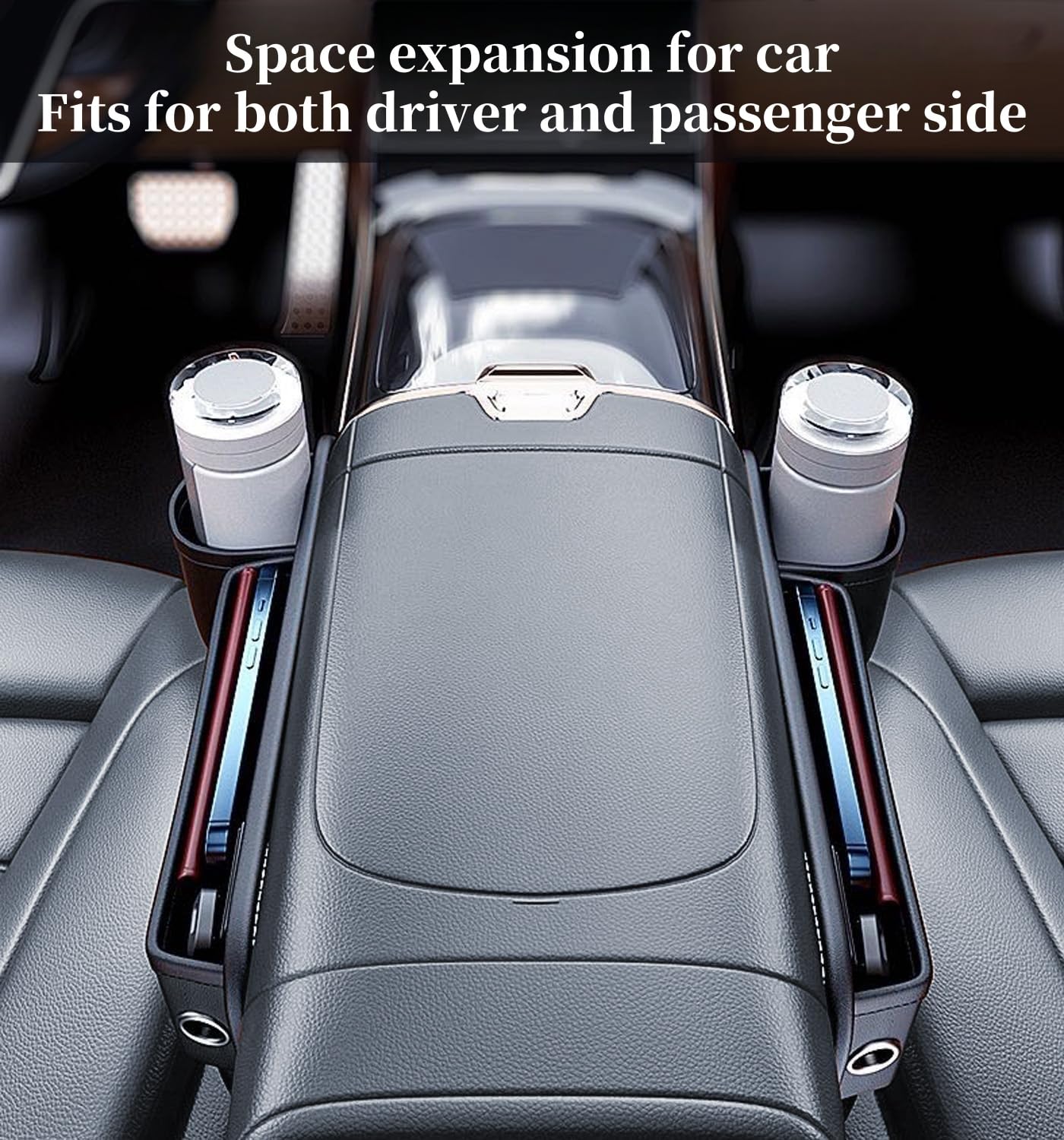 Premium Leather Car Seat Gap Organizer with Cup Holder - Multi-Functional Storage Box for Keys, Phones & Small Items - Perfect for Driver Side Organization (Black) - Ideal for Road Trips, Commuting & Daily Car Storage Needs