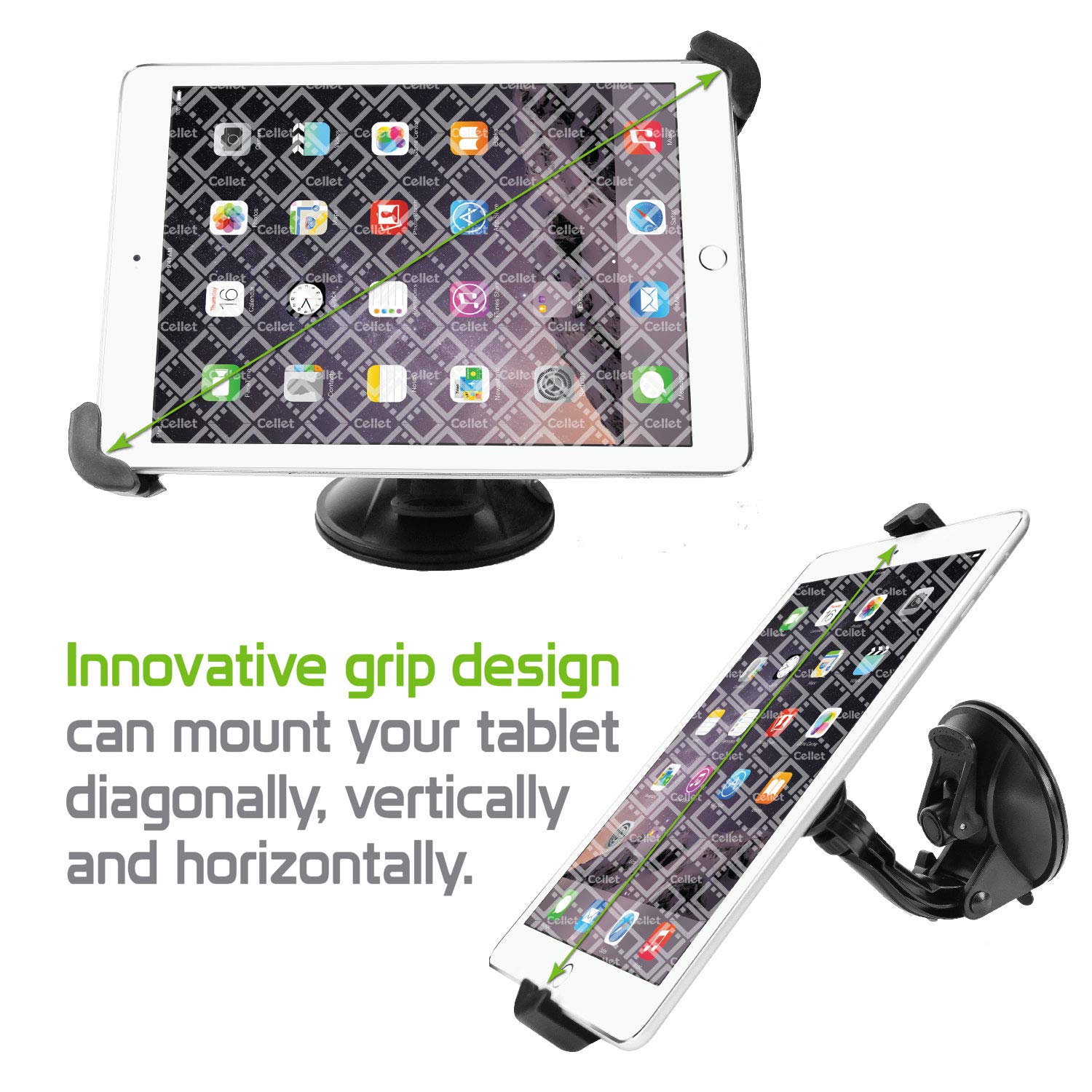 Universal Tablet Mount Holder with Extra Large Suction Cup - Compatible with iPad Pro, iPad Mini, iPad Air, Samsung Galaxy Tab, Amazon Fire HD (Up to 9.7