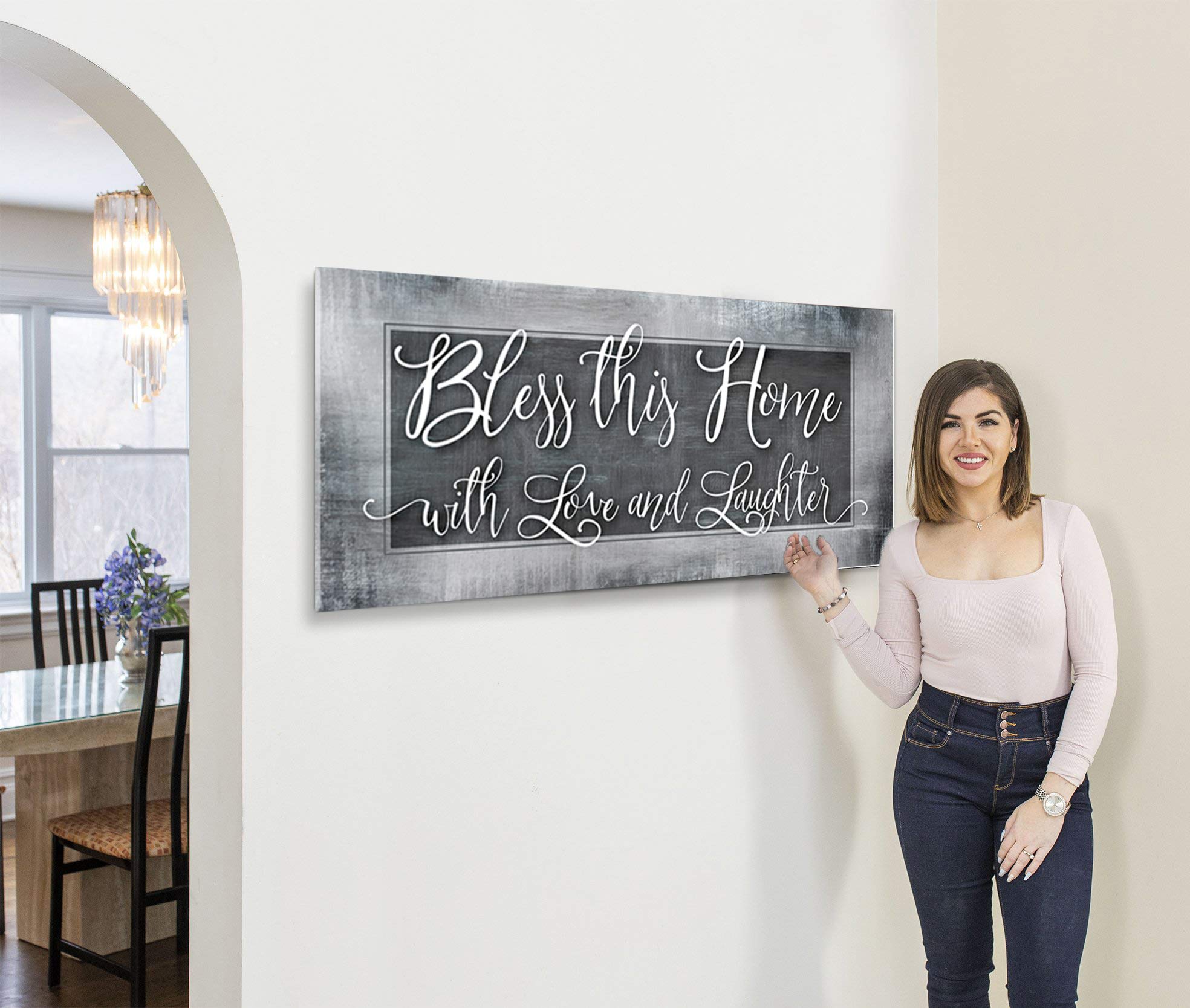 Bless This Home With Love - Religious Wall Art Decor for Living Room, Rustic Home Decoration, Housewarming Gift (Grey, 42x19 inches) - Perfect for Farmhouse, Bedroom & Entryway Decor