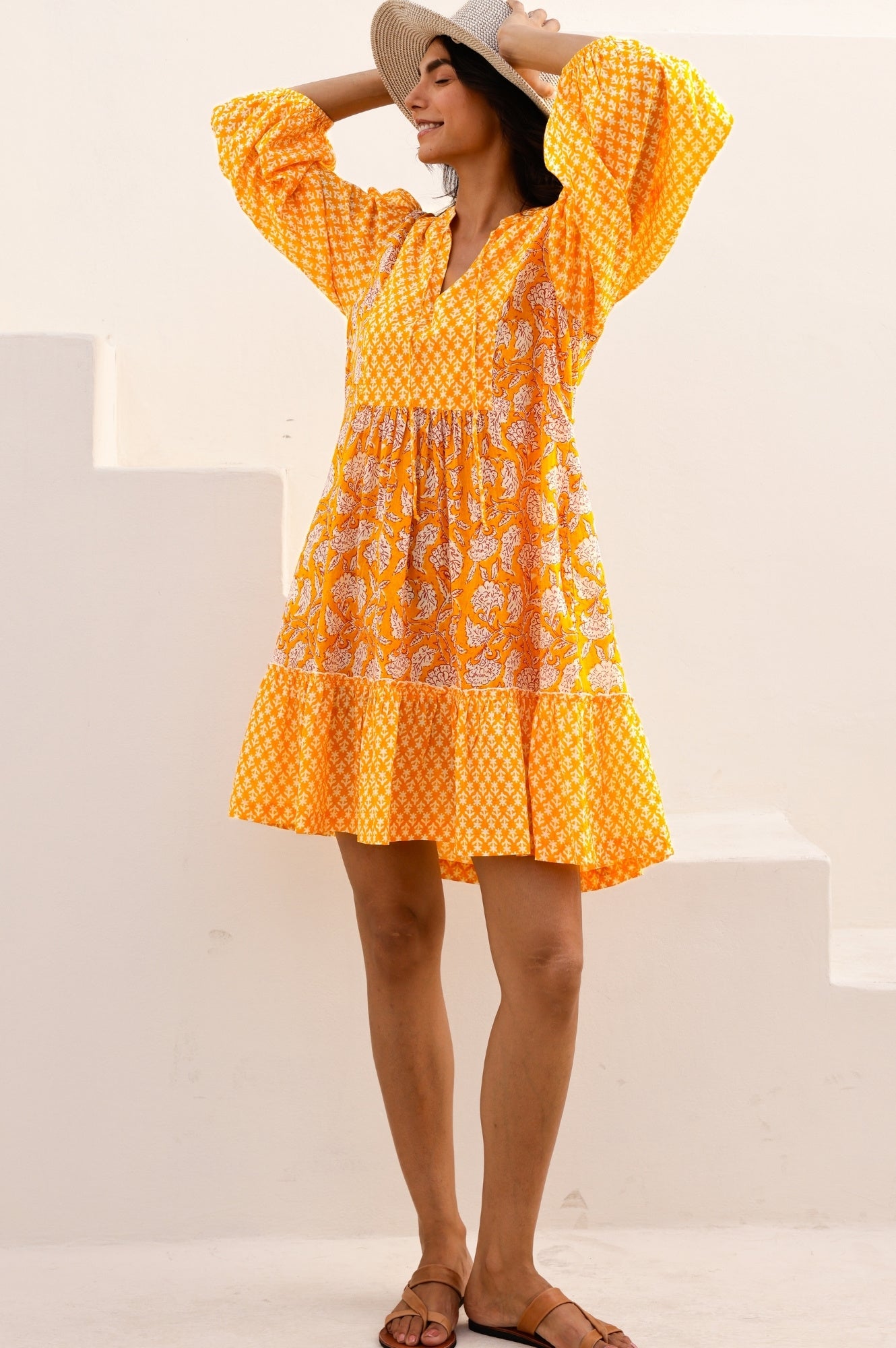 Marina Organic Cotton Print Mix Dress - Dianthus Floral Yellow & White | Summer Casual Wear, Beach Outfit, Boho Style Dress for Women