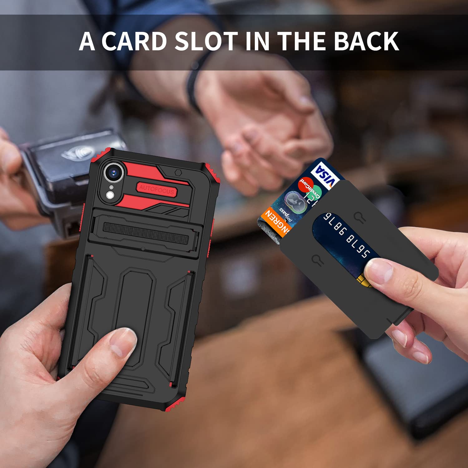 Military Grade Shockproof iPhone XR Wallet Case with Credit Card Holder & Kickstand - Slim Rugged Heavy Duty Defender Armor Protective Phone Cover (Red) - Perfect for Travel, Work & Everyday Use