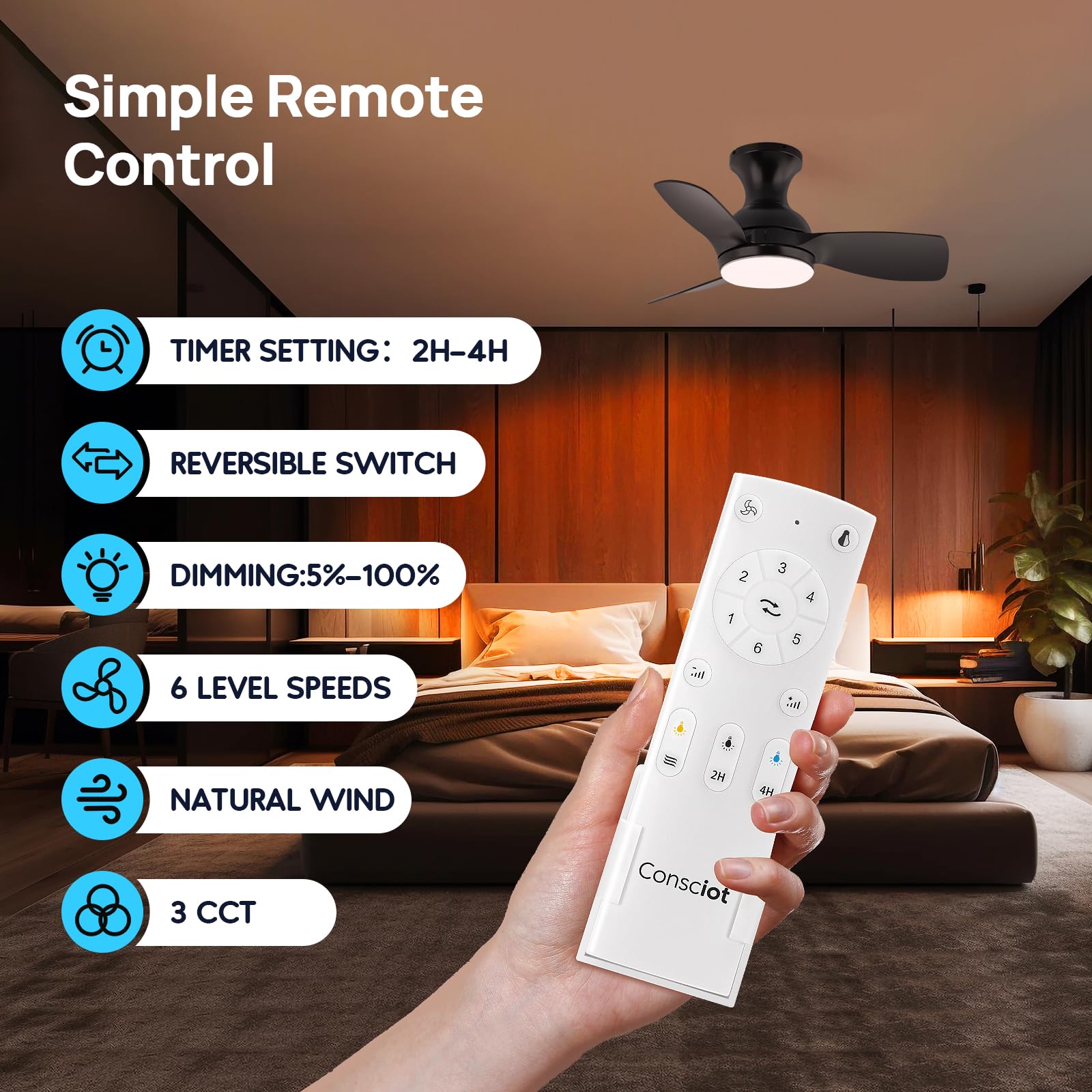 30 Inch Black Low Profile Modern Ceiling Fan with Lights & Remote Control - Flush Mount, Reversible Quiet DC Motor, 6 Speed & Dimmable - Damp Rated for Kitchen, Bedroom, Patio & Outdoor Use