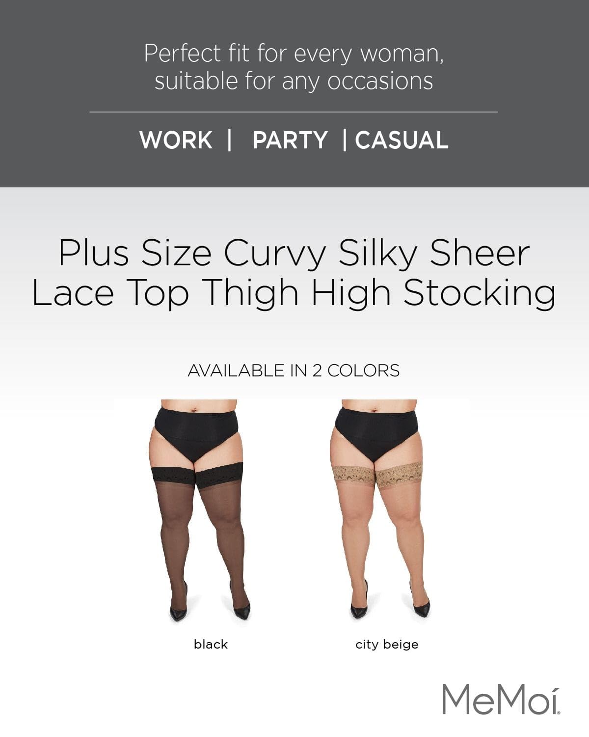 MeMoi Plus Size Thigh High Stockings for Women - Silky Lace Thigh Highs in Sizes 1X-7X - Comfortable & Sexy Stockings for Curvy Figures - Perfect for Date Night, Parties, and Special Occasions