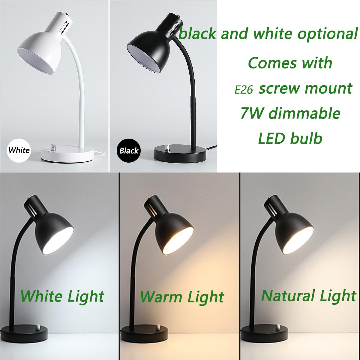 Adjustable Metal Black Desk Lamp with Free 7W LED Bulb - Eye-Caring Reading Light for Home Office, Study, Bedroom & Nightstand - Perfect for Work, Reading & Relaxation