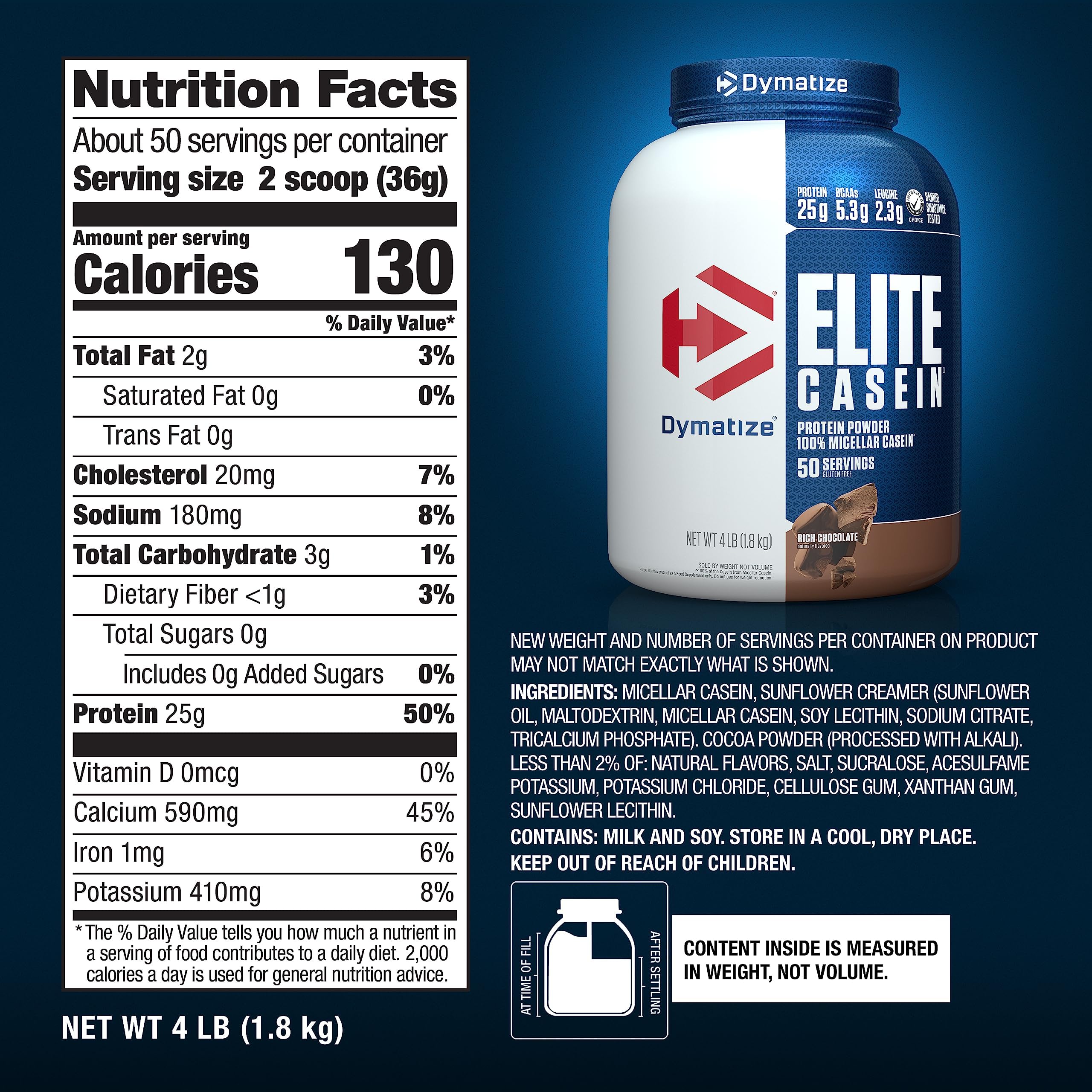 Dymatize Elite Casein Protein Powder - 25g Slow Digesting Protein with BCAAs & Leucine for Muscle Growth, Overnight Recovery & Post-Workout - Rich Chocolate Flavor, 4lb (1.81kg) - Perfect for Nighttime Use, Muscle Repair & Fitness Enthusiasts